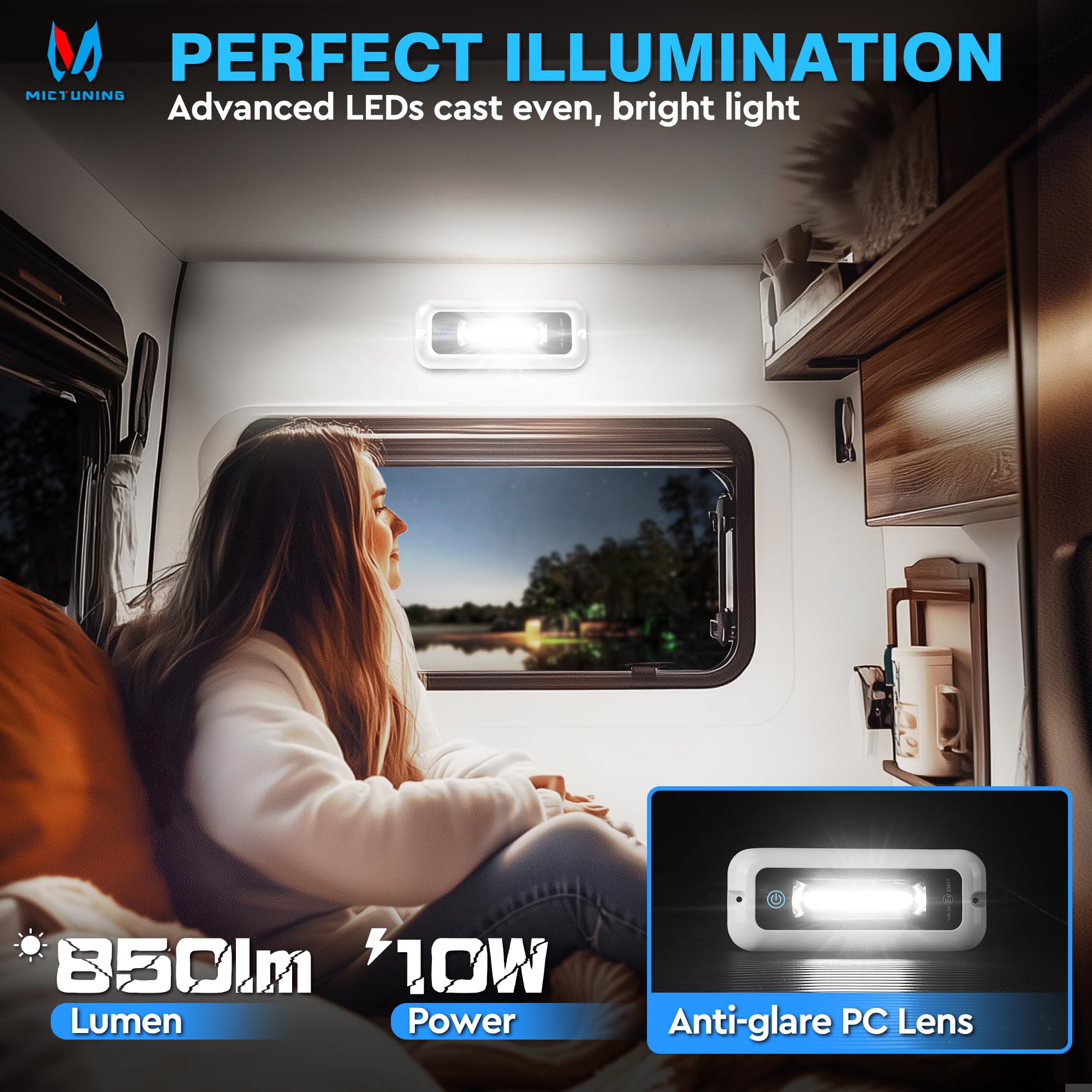 MICTUNING LED Interior Porch Light, Touch Screen, IP68 Waterproof Aluminum, 6 Inch Size, 6000K for RV, SUV, Boat, Home