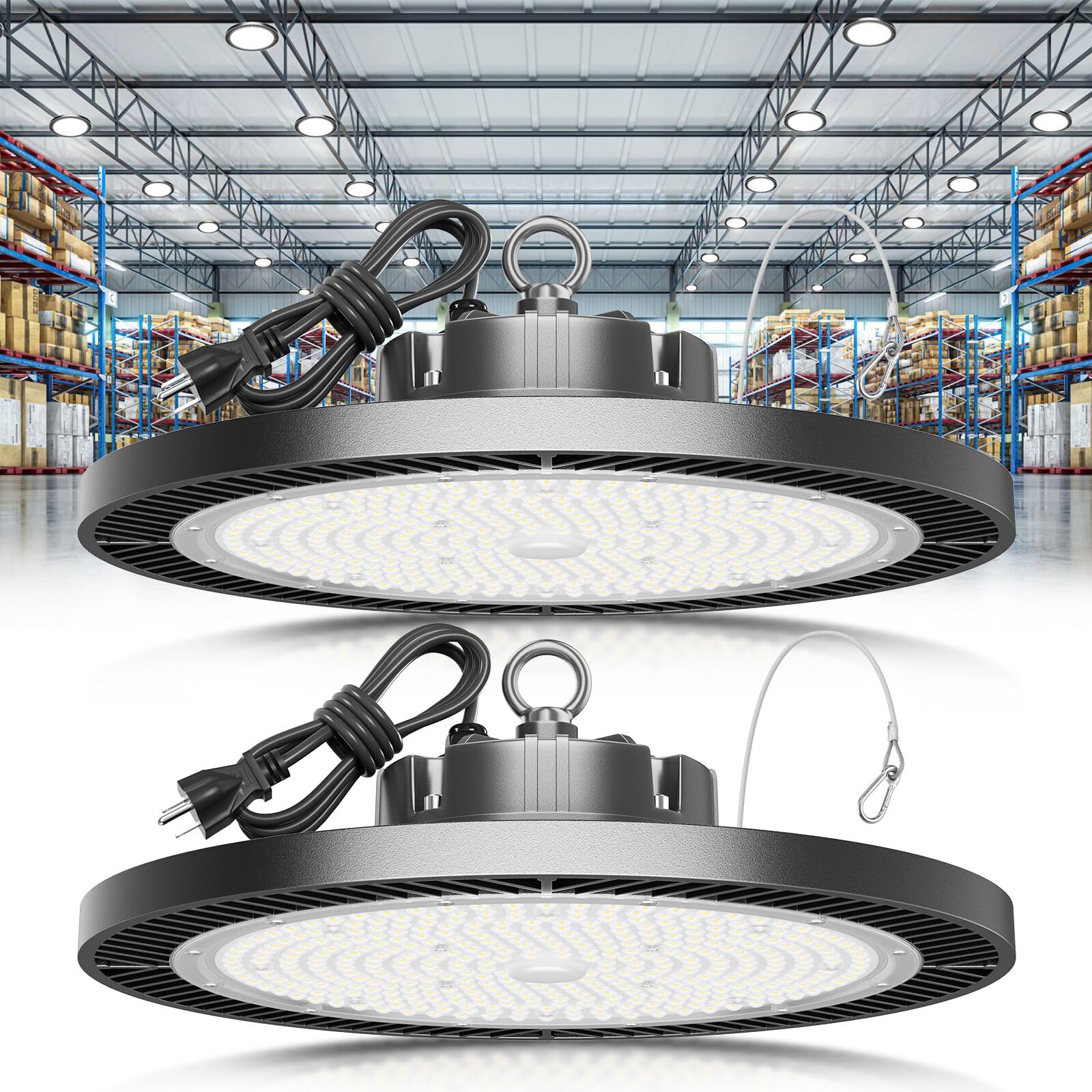 Elekico High Bay Led Shop Light, Upgrade Super Bright 2 Pack 250W Ufo Led High Bay Light, 35000Lm 5000K Commercial Lighting Garage Lights For Factory Workshop Warehouse Garage Barn
