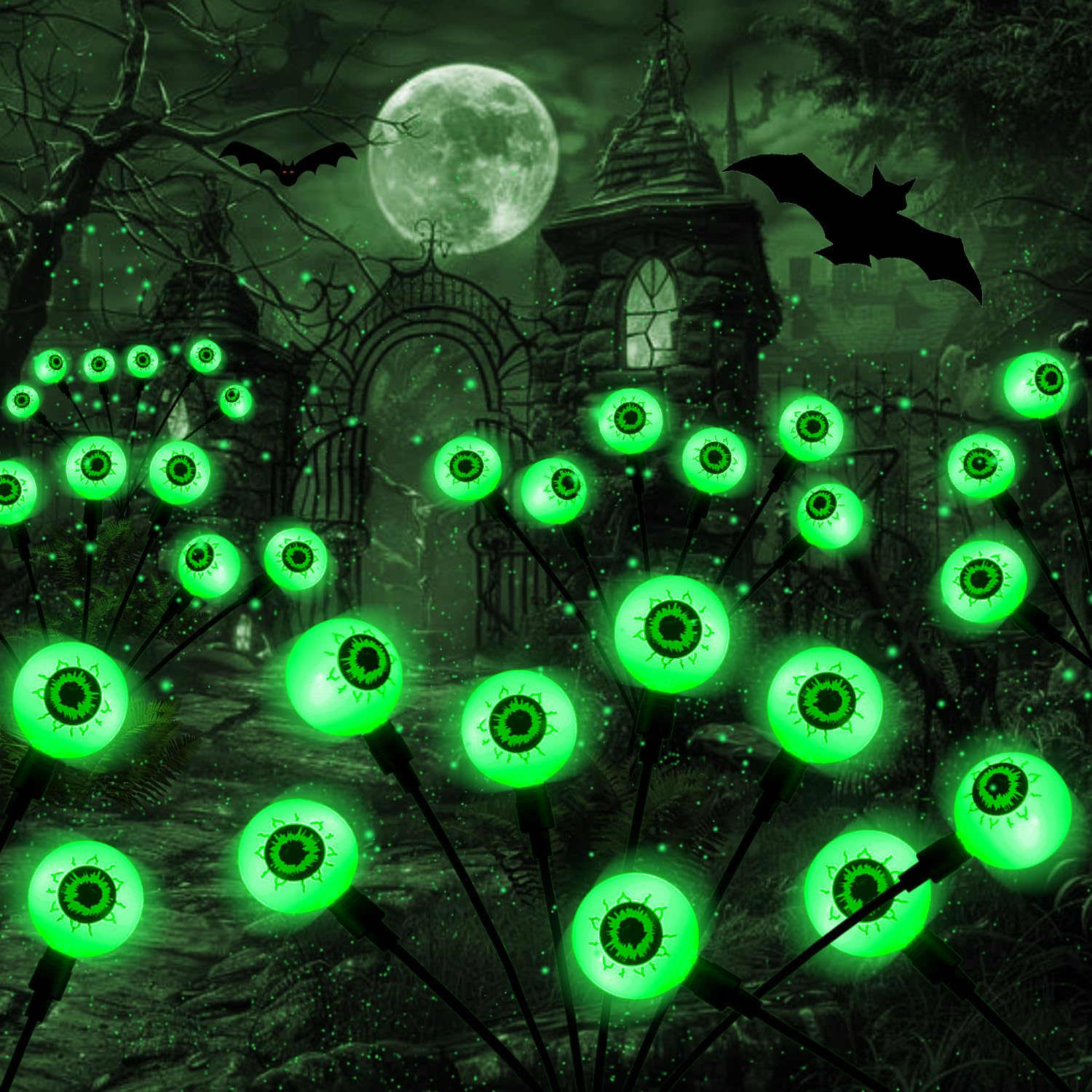 Halloween Decorations Outdoor Solar Scary Eyeball Lights 4Pack 24LED Swaying Spooky Halloweeen Decor Green Lights Waterproof Hal