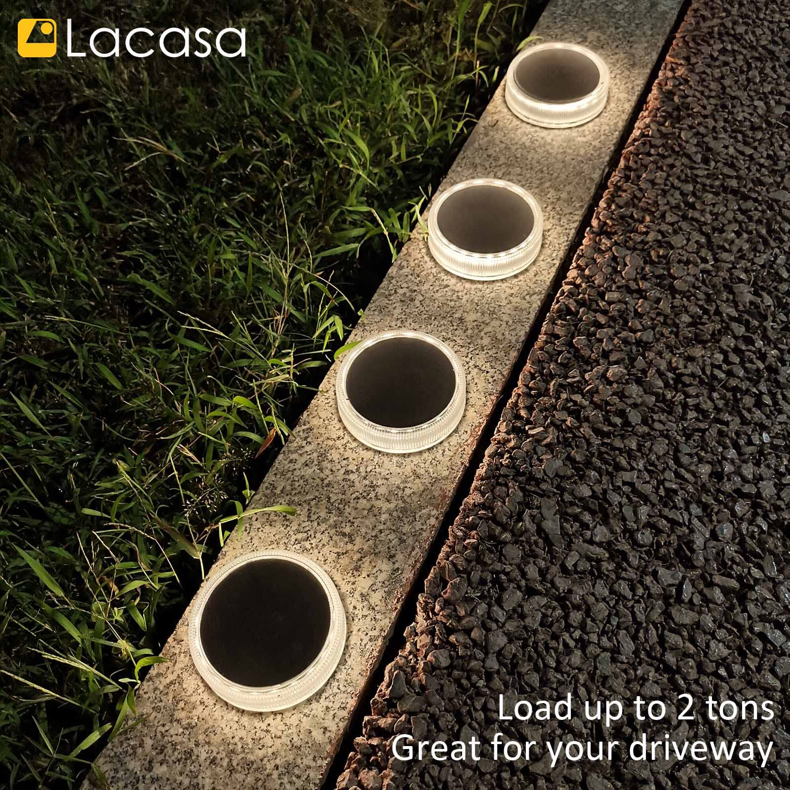 Lacasa Solar Deck Lights - 4 Pack, IP68 Waterproof, 30LM LED Step Lights, Round, Natural White 4000K, Auto ON/OFF