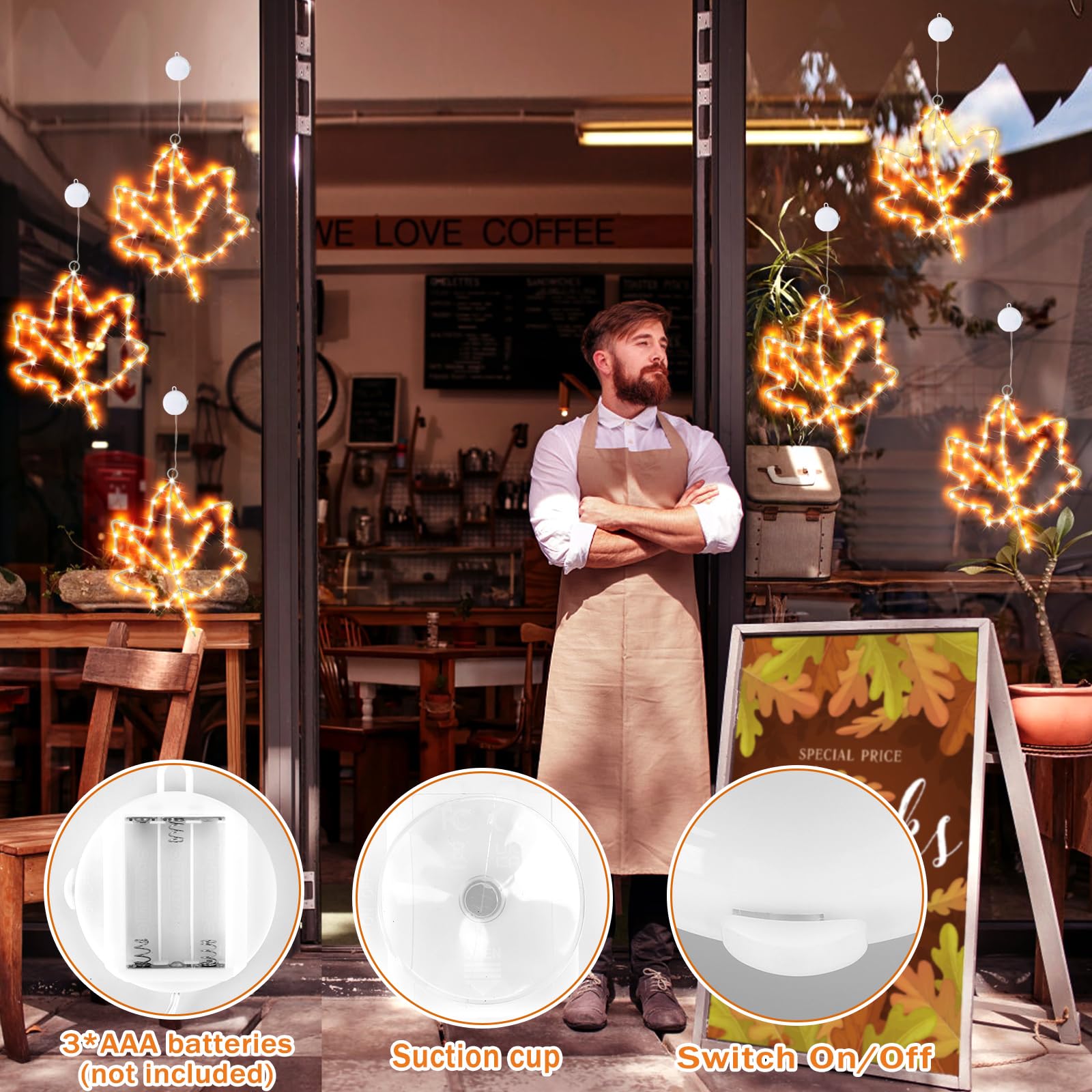 LHYLDS 3Pcs Battery Operated Maple Leaf Window Lights, Metal Frame, Yellow, Model XPD-07, Timer for Thanksgiving Decor