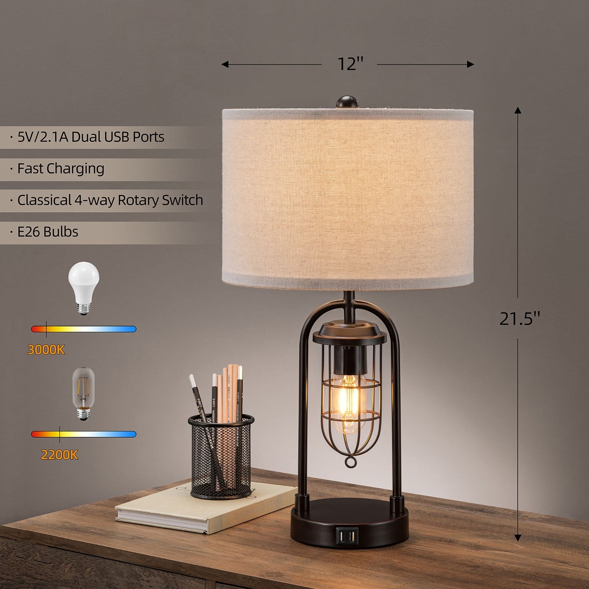 Kawoti Set Of 2 Farmhouse Table Lamps With Usb Ports And Night Light Modern Nightstand Lamp For Living Room Bedroom(Bulbs Included)