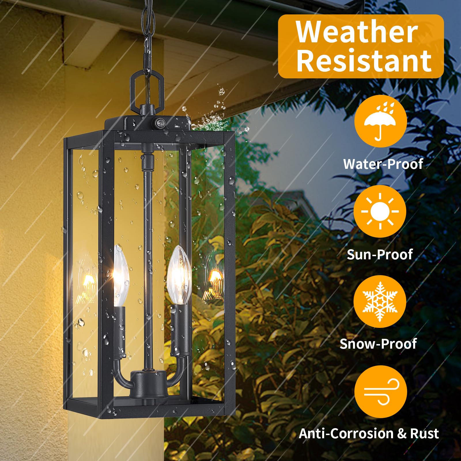 Large Outdoor Pendant Light 2-Light, 15'' Dusk To Dawn Modern Black Metal Outside Chandelier Exterior Hanging Fixture Ceiling Mo