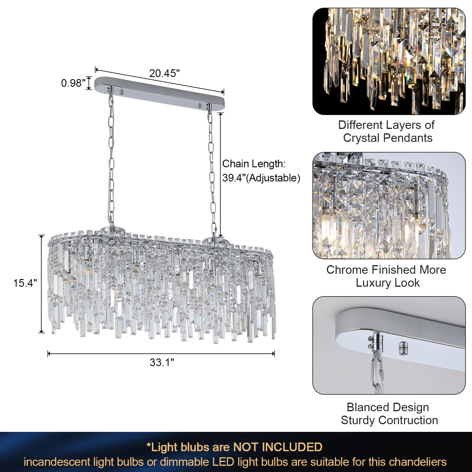 A AXILIXI Rectangular Crystal Chandelier, Modern Chrome Pendant Light, 33” L, Linear Design for Dining Room & Kitchen Island