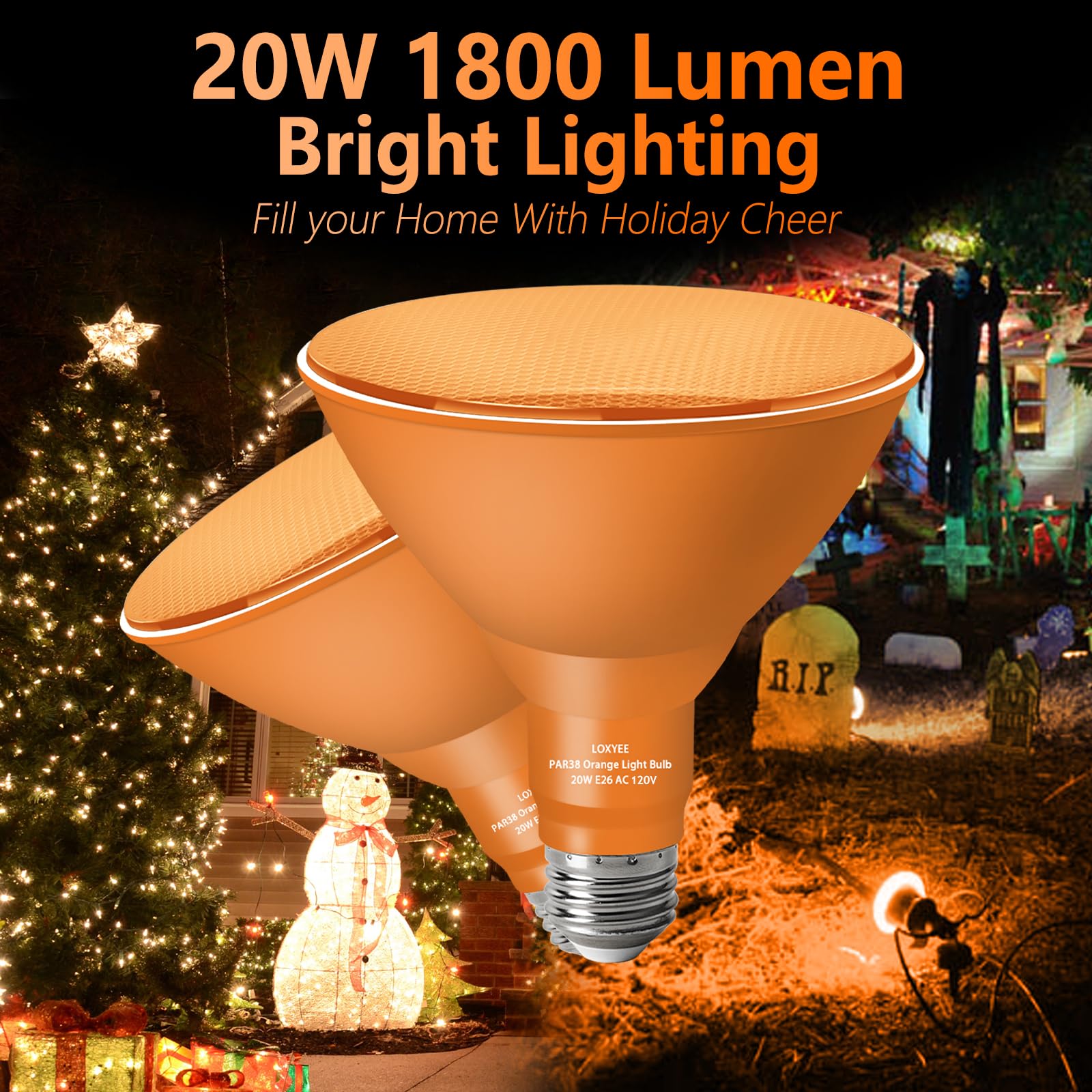 LOXYEE PAR38 Flood Orange Light Bulbs,2 Pack Dimmable,E26 Base Orange Flood Light Outoor(20W Replace to 200W),Halloween Light Bu
