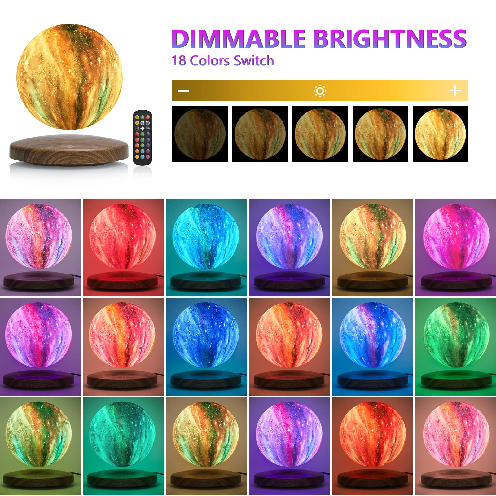 GROPINFLY Levitating Moon Lamp, 18 Colors Galaxy Lamp with Touch Remote Control, Floating and Spinning in Air Freely, for Room O