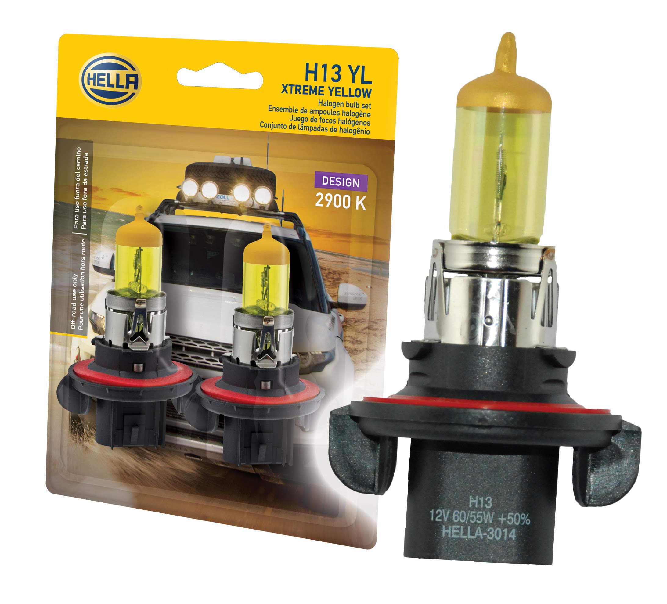 Hella H13 YL Xtreme Yellow Bulb, 12V 60/55W, 2 Pack, Yellow - Ideal for Enhanced Visibility