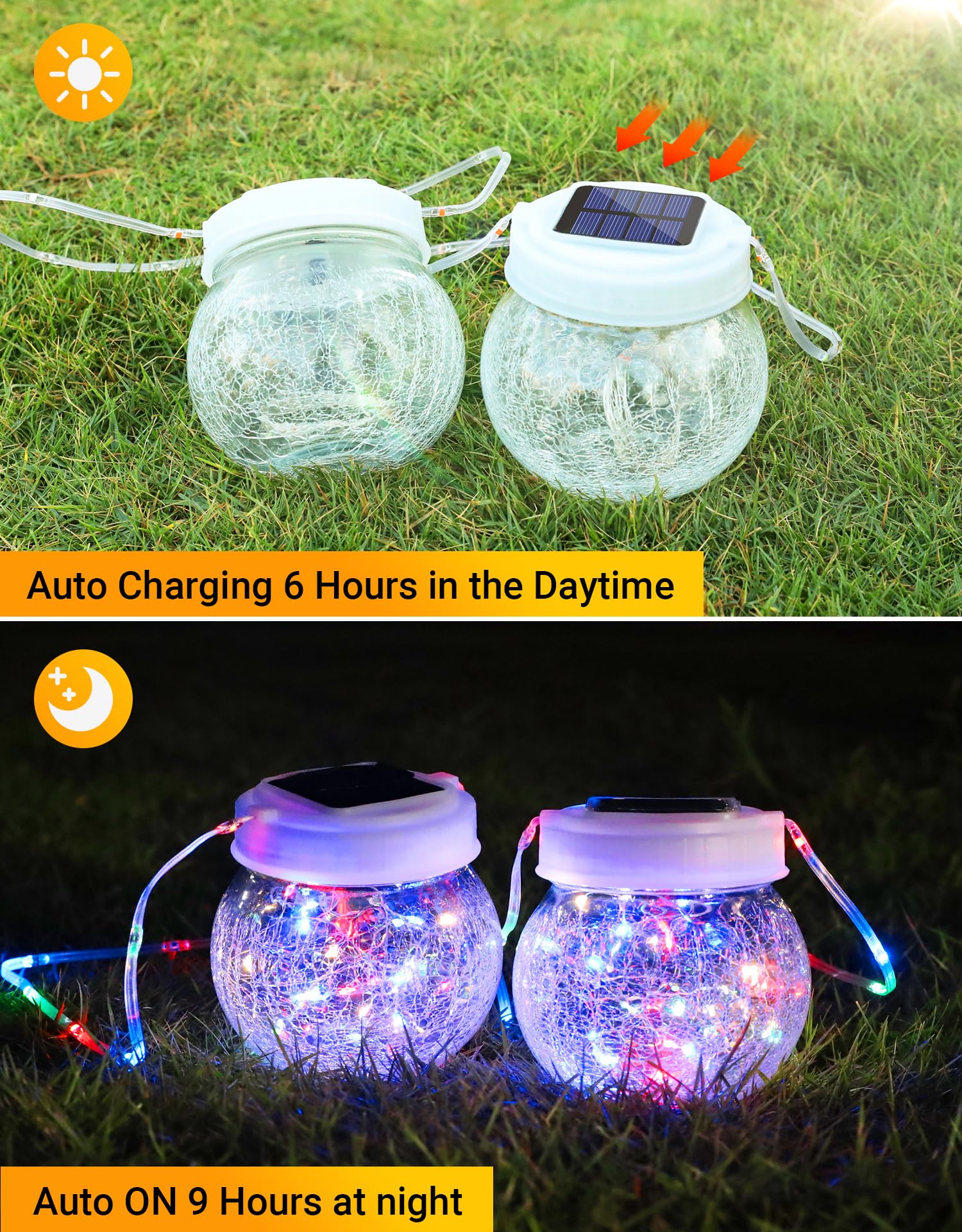 PARTPHONER Solar Lanterns 6-Pack - Waterproof Cracked Glass Hanging Lights, Multi-Color RGB, White Cap, Perfect for Outdoor Christmas Decor