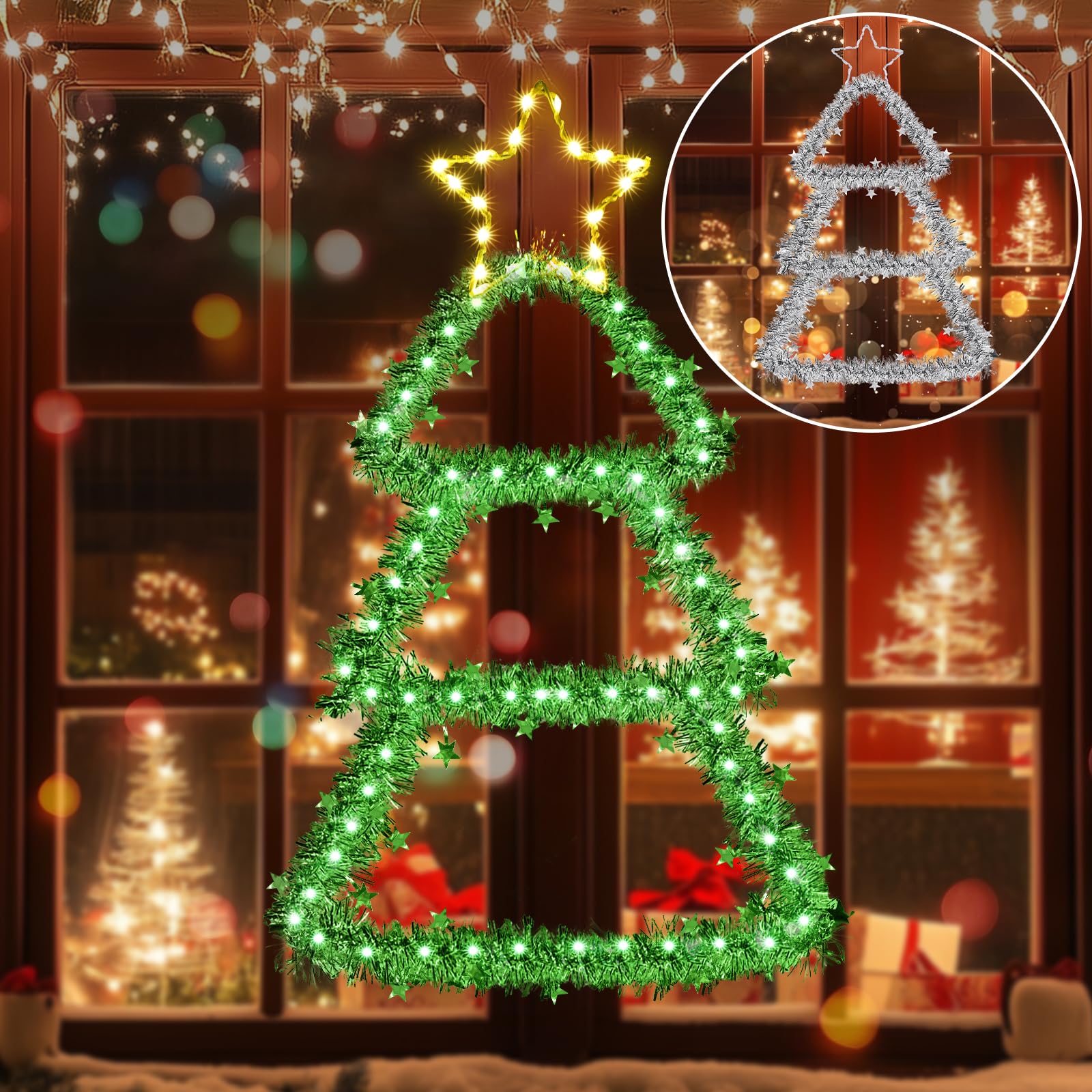 Elktry LED Christmas Decorations Lights, Green Lighted Christmas Tree with Silver Tinsel and Warm White Star Topper, Battery Operated Hanging Lights for Indoor Outdoor, Window Wall Door Home Decor