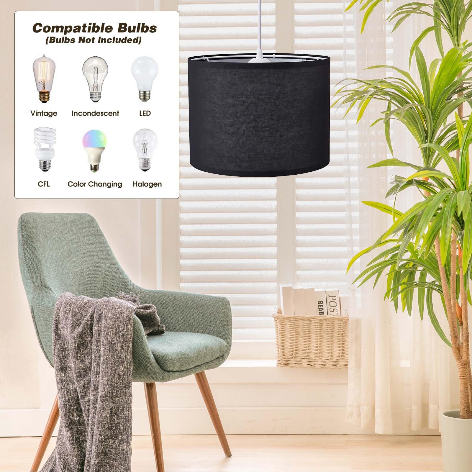 KUAUGST Plug in Pendant Light, 15 FT Cord with On/Off Switch, Metal Shade, Black, Model: Plug in Pendant Light-04