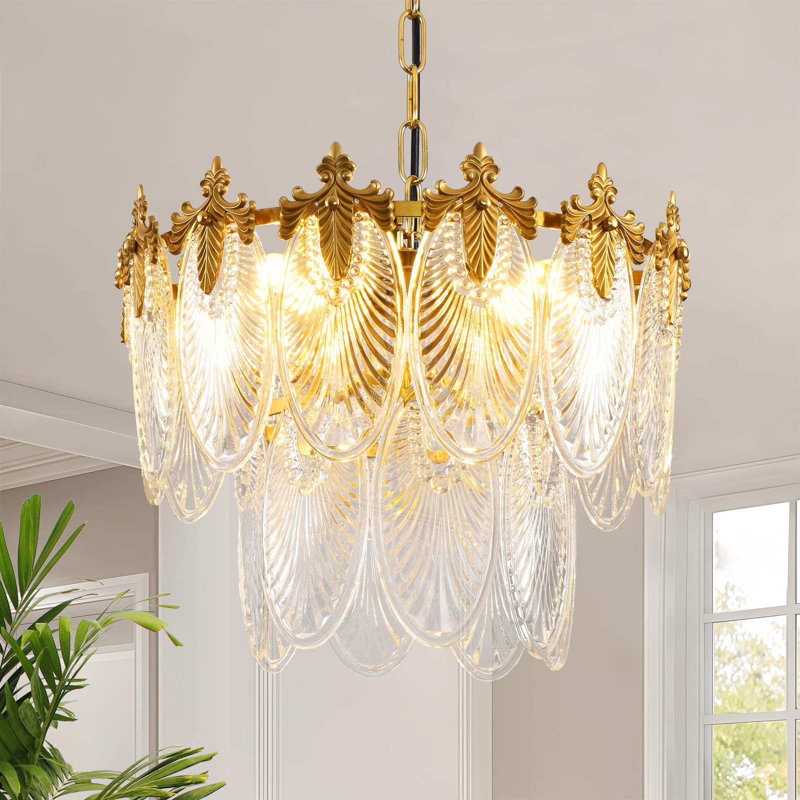 Antique Chandeliers 2-Layer Crystal Glass Chandelier, 4-Lights Round Pendant Light 17.71'' Brushed Brass Gold Adjustable Height,