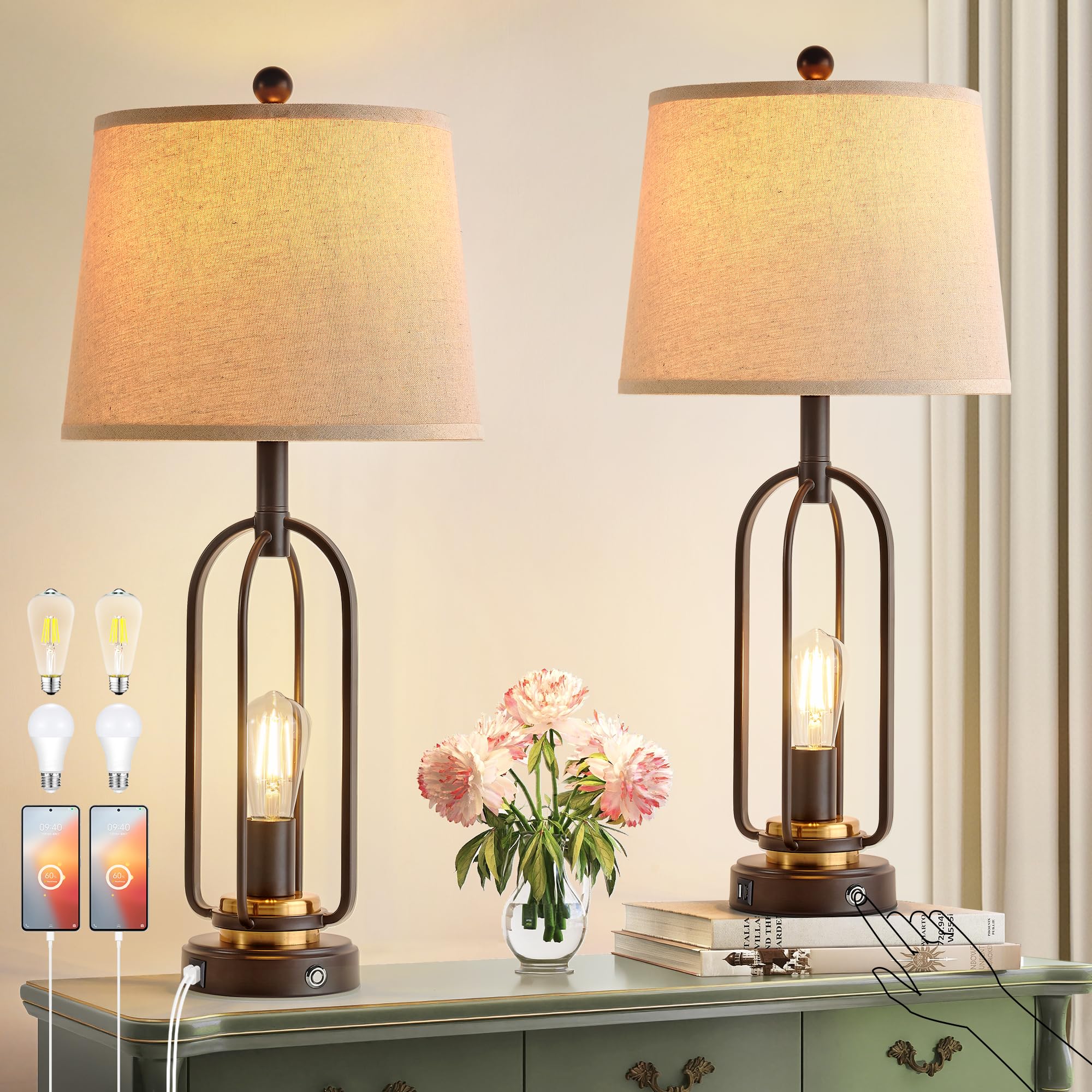 SRJJRS Farmhouse Table Lamps for Living Room Set of 2, 28.5'' Tall Rustic Table Lamps with USB Ports, 3-Way Dimmable Vintage Bed