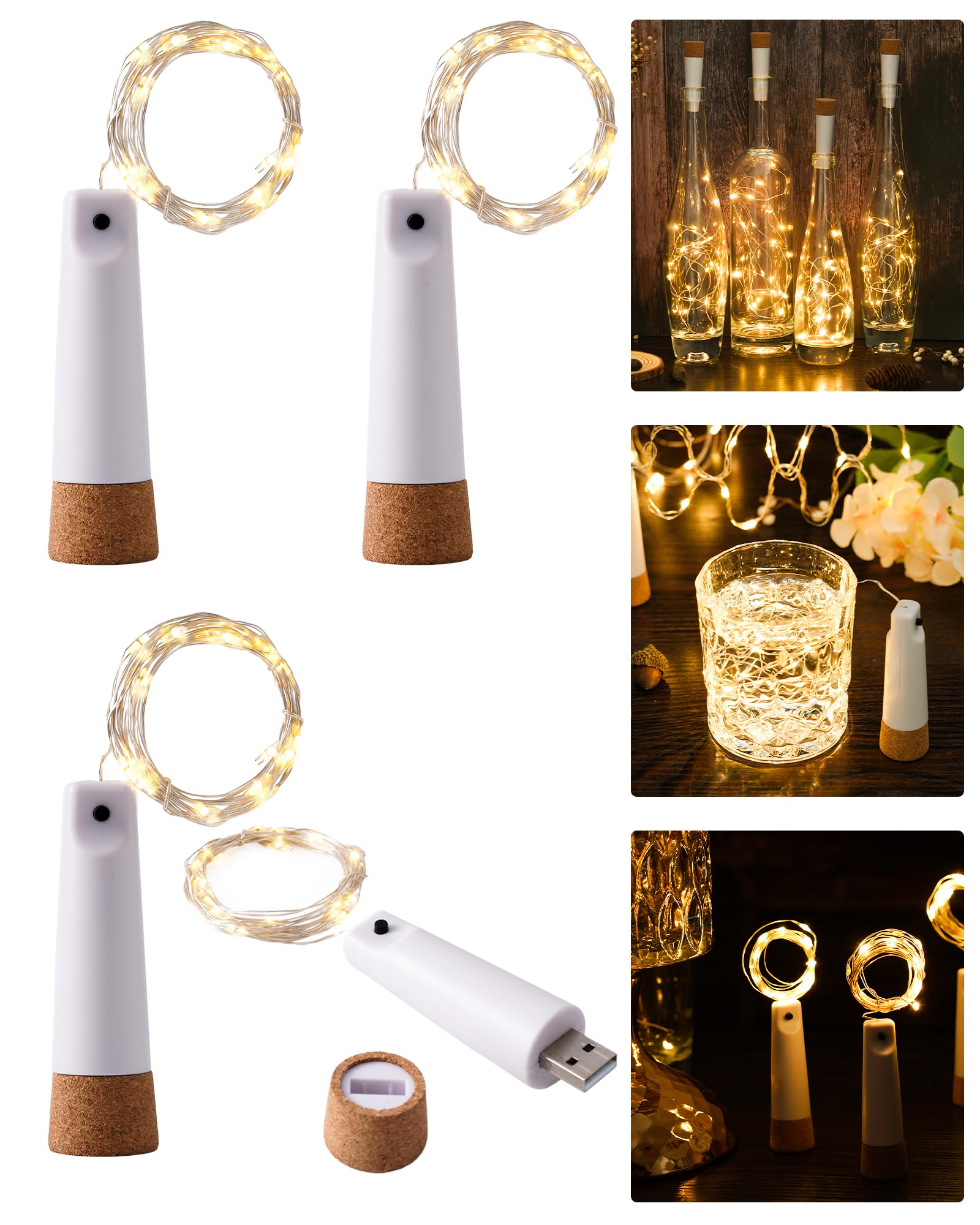 Tuhood Wine Bottle Lights With Cork, 4 Pack 20 Leds Rechargeable Bottle Lights For Liquor Bottles, Multi-Light Mode Fairy Lights