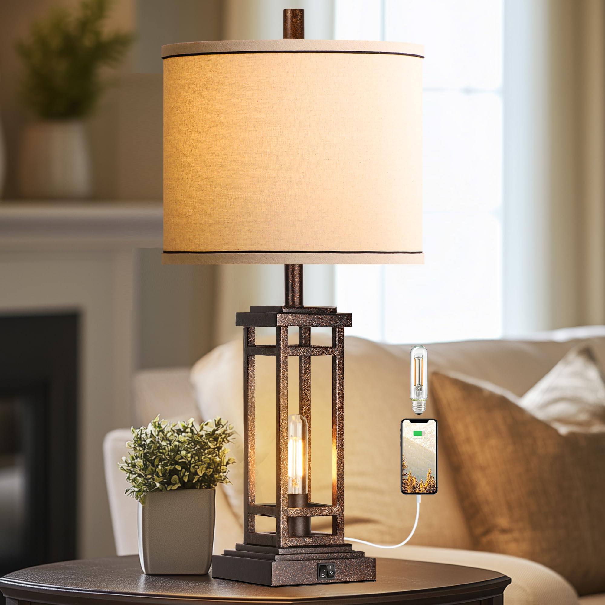 ROTTOGOON 27.5 Tall Farmhouse Table Lamp with USB C + USB A Charge Ports, Rustic Living Room Lamp, Black Industrial End Table La