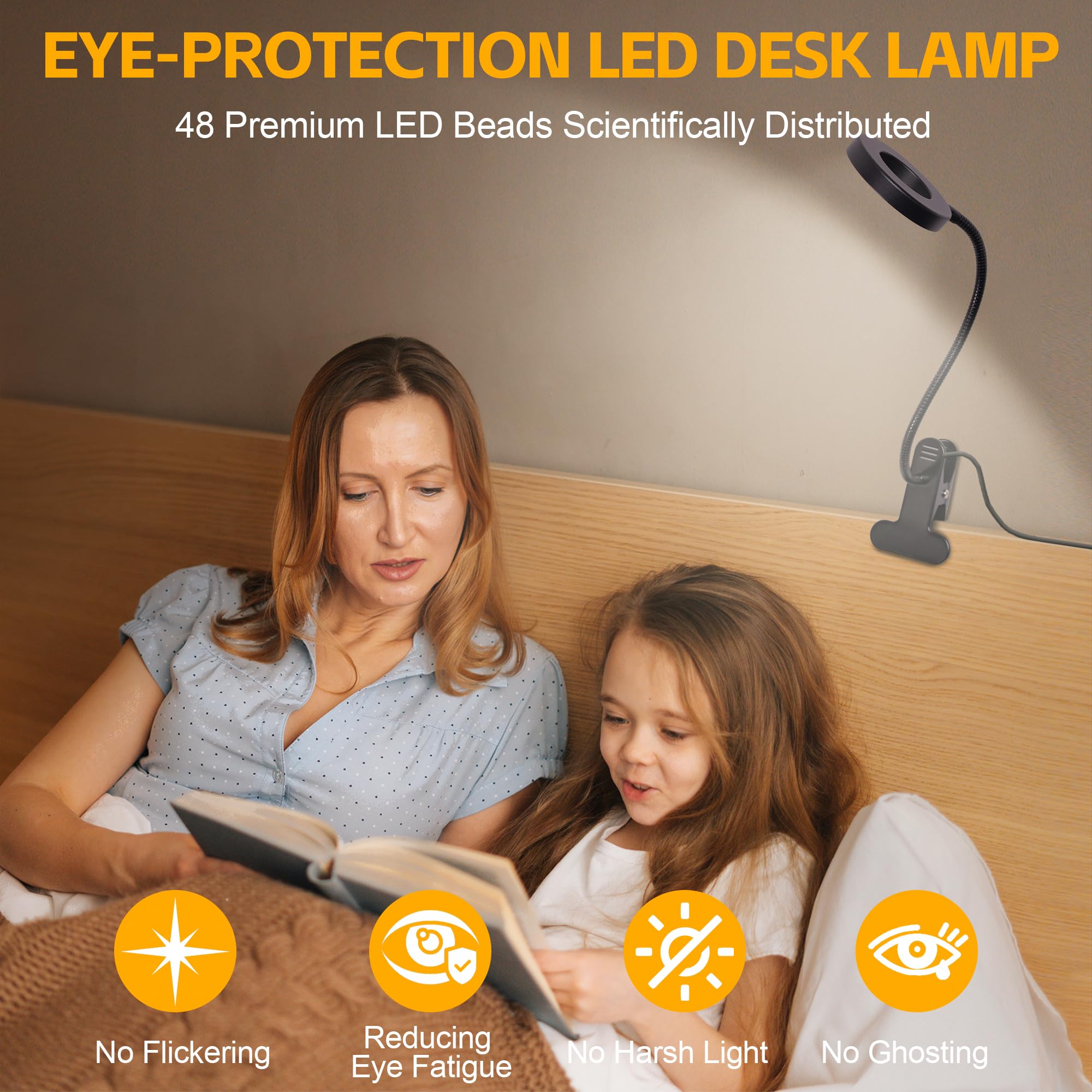Foneso Clip-On Desk Lamp - 48 LED, 3 Color Modes, 10 Brightness Levels, 360° Flexible Gooseneck, Black, Model 1