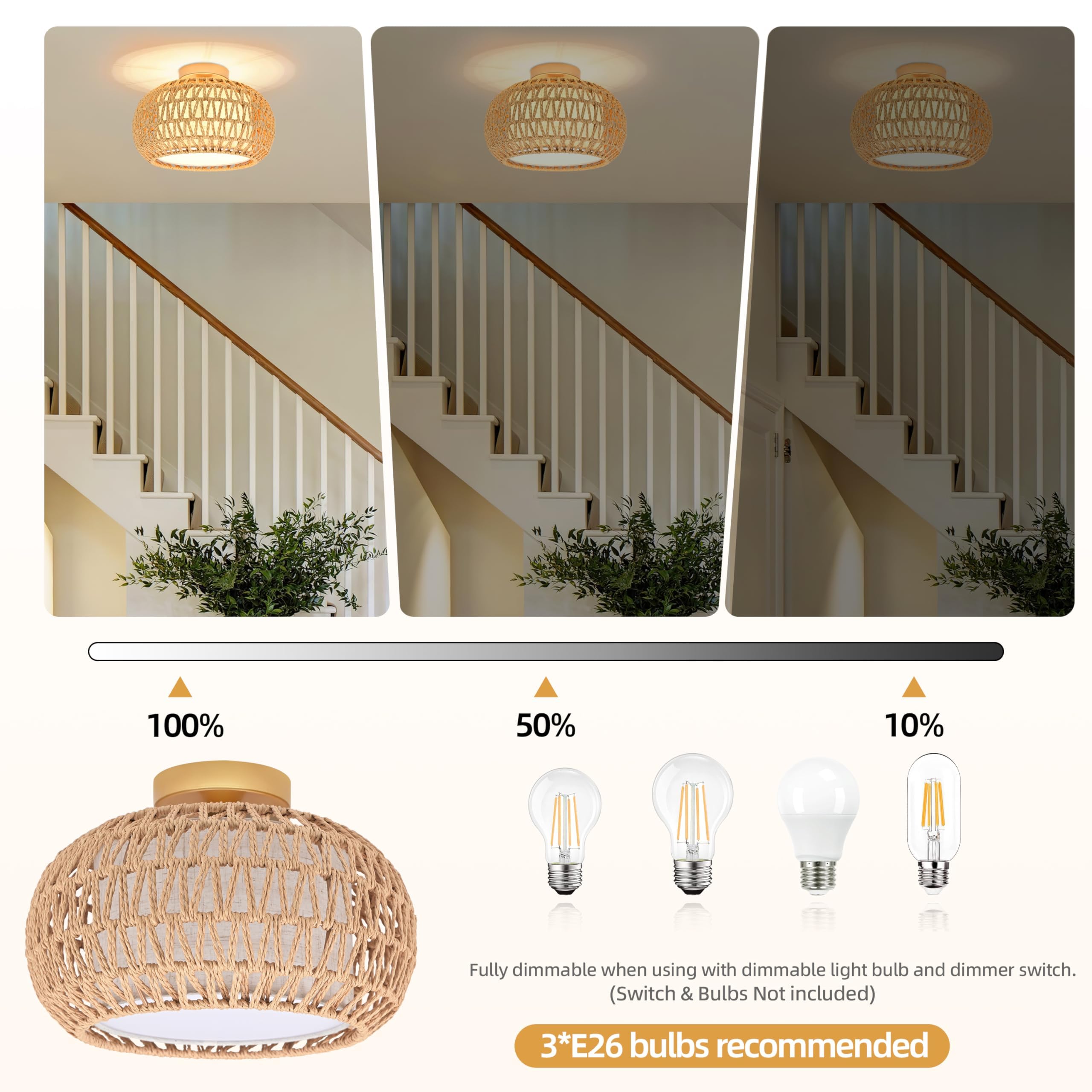 3-Light Rattan Flush Mount Ceiling Light Fixture,12'' Farmhouse Ceiling Lights For Bedroom,Farbic Shade Rattan Ceiling Light Boh