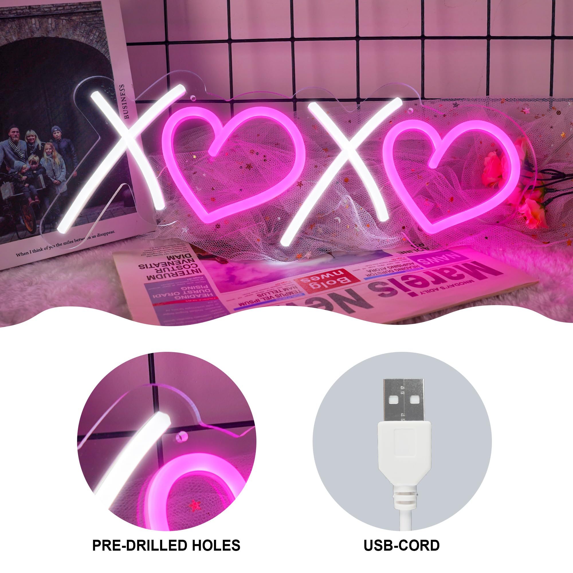 Aslanka XOXO Neon Sign, LED Light for Home Decor, Dimmable USB Powered, 15.75in x 5.91in, White Pink XOXO Model