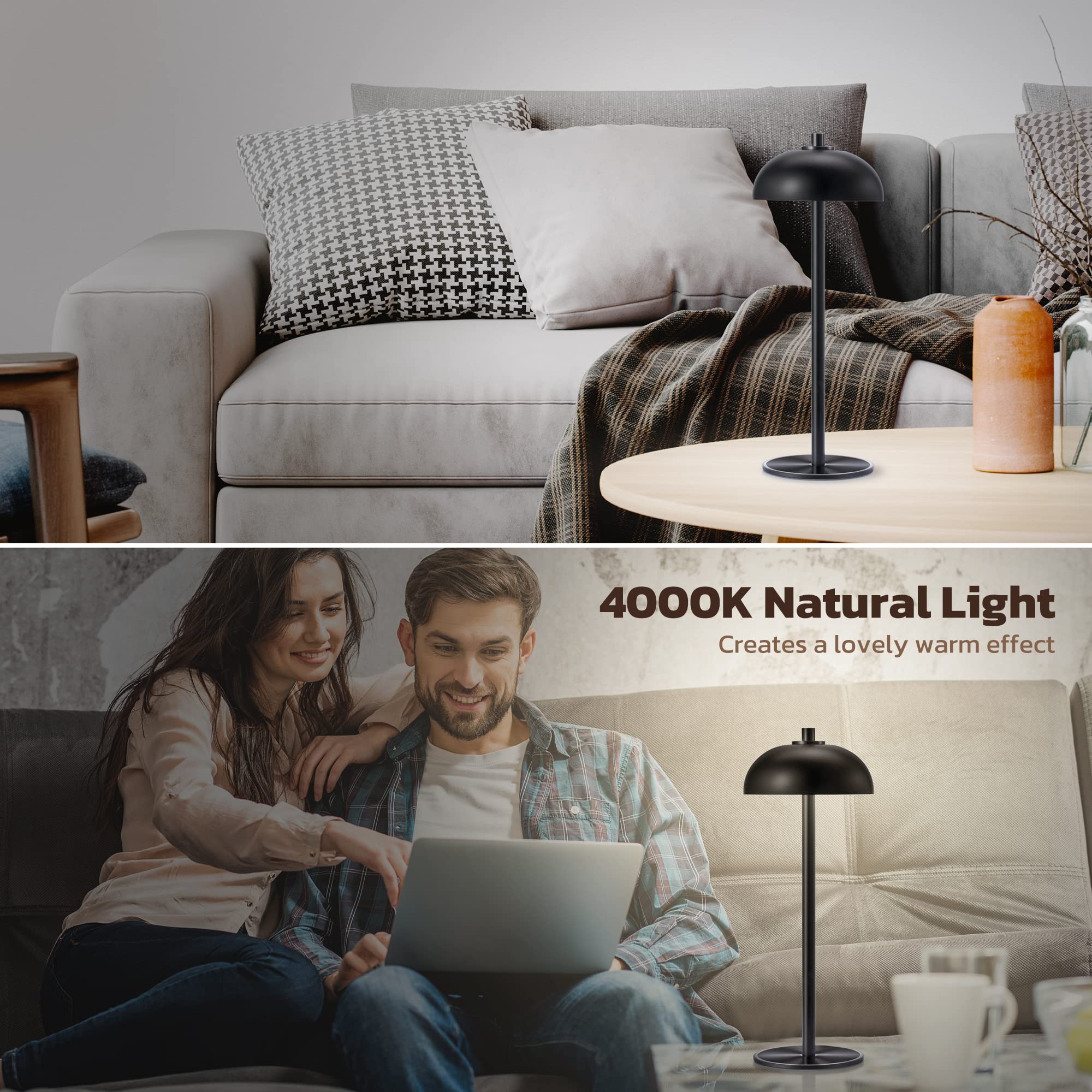 JONEMO Rechargeable Cordless Table Lamp 2 Pack - 5000mAh Battery, 3 Color Dimming, Aluminum, Black, Model MOGU