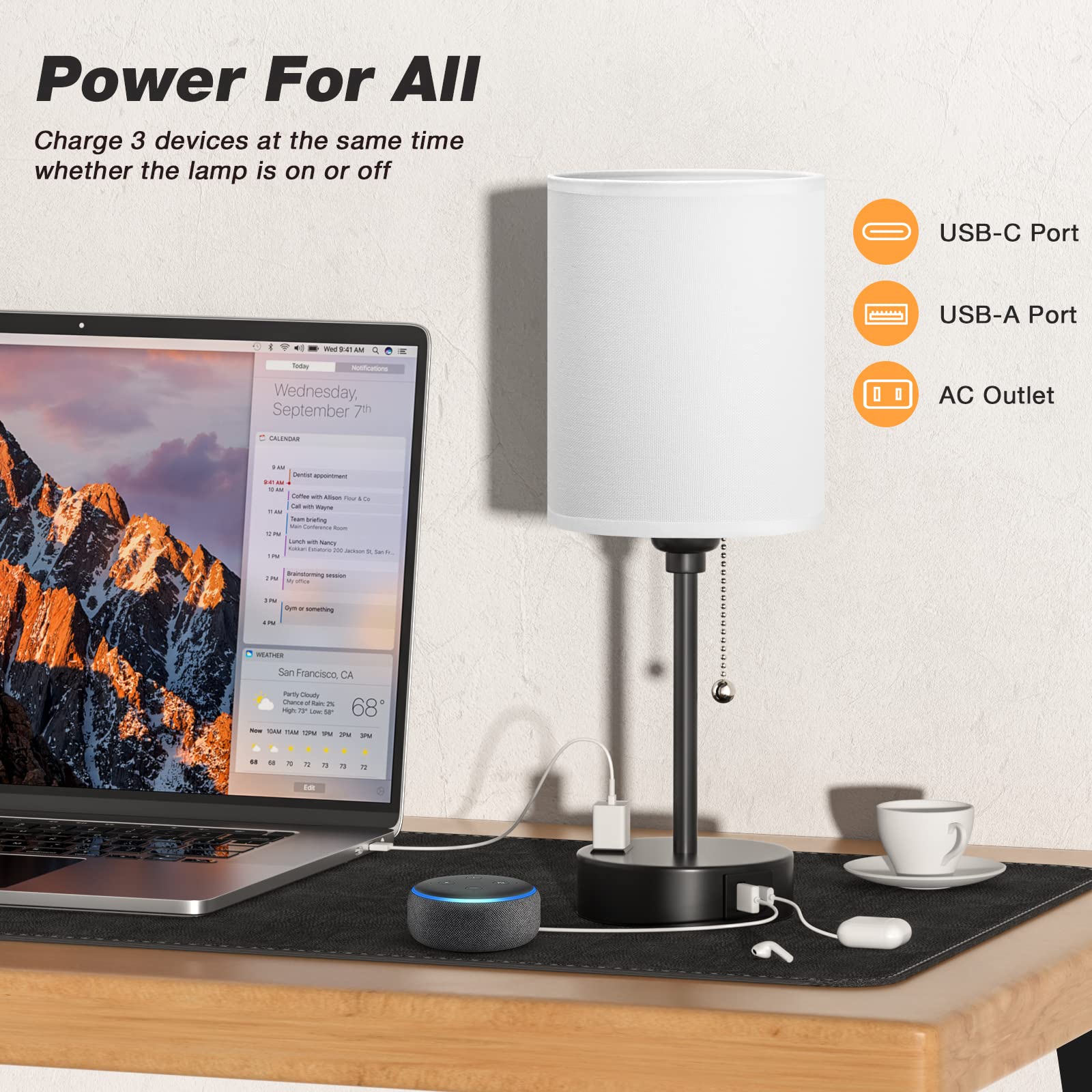 Bedside Table Lamp For Bedroom Set Of 2 - 3 Color Temperatures Small Lamps With Usb C And A Ports, Pull Chain Table Lamps With Ac Outlet, White Nightstand Lamps With Black Metal Base For Kids Reading