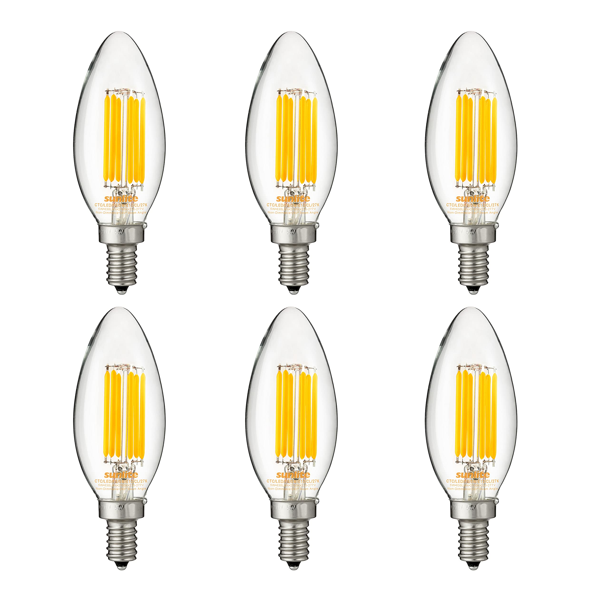 Sunlite 40302 LED Edison B11 Torpedo Tip Chandelier Light Bulb, 5 Watts (60W Equivalent), 630 Lumens, Candelabra E12 Base, Non-D