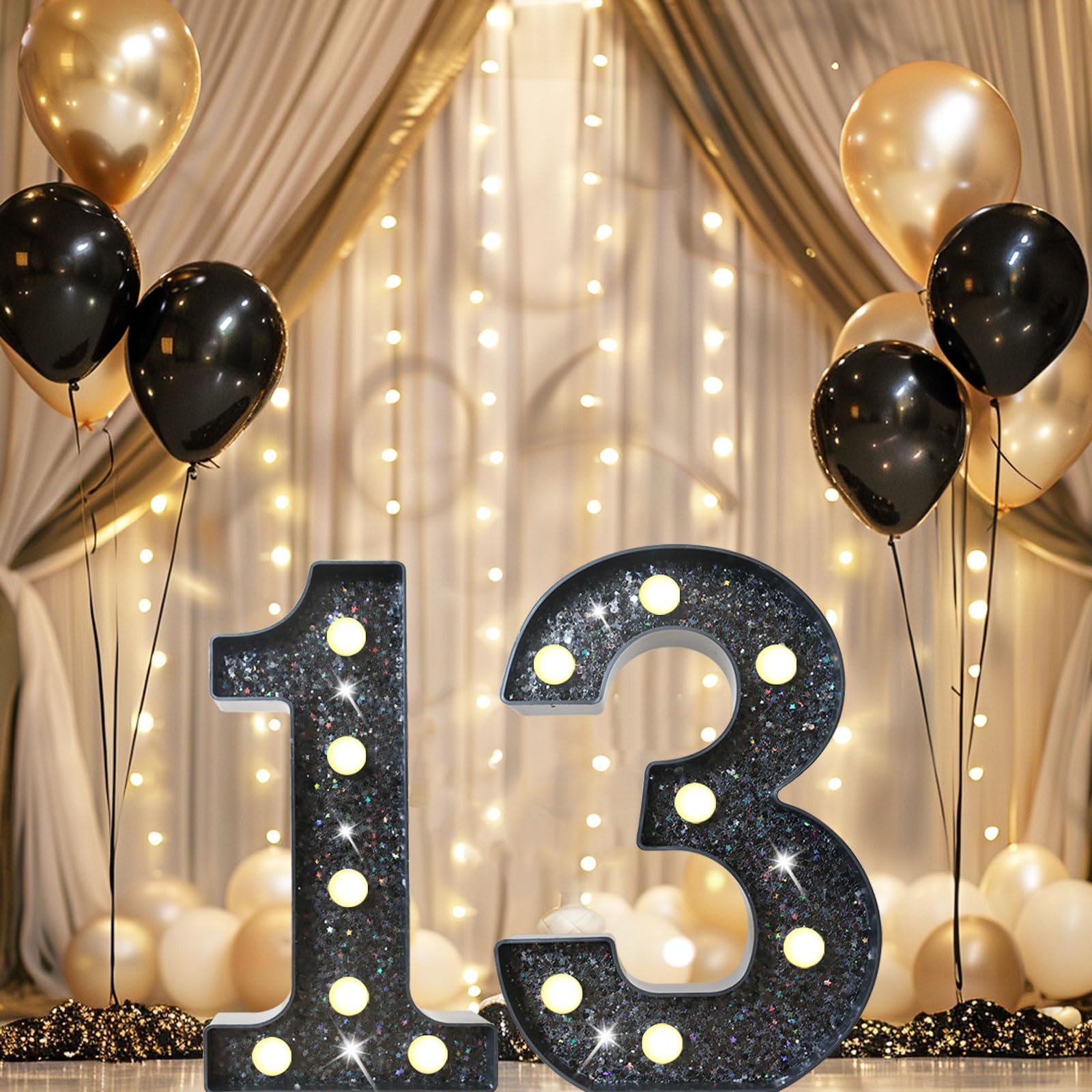 Lovelite 8.8" Decorative LED Glitter Marquee Number 13, Acrylic, Black - Light Up Sign for Birthday Party & Home Decor