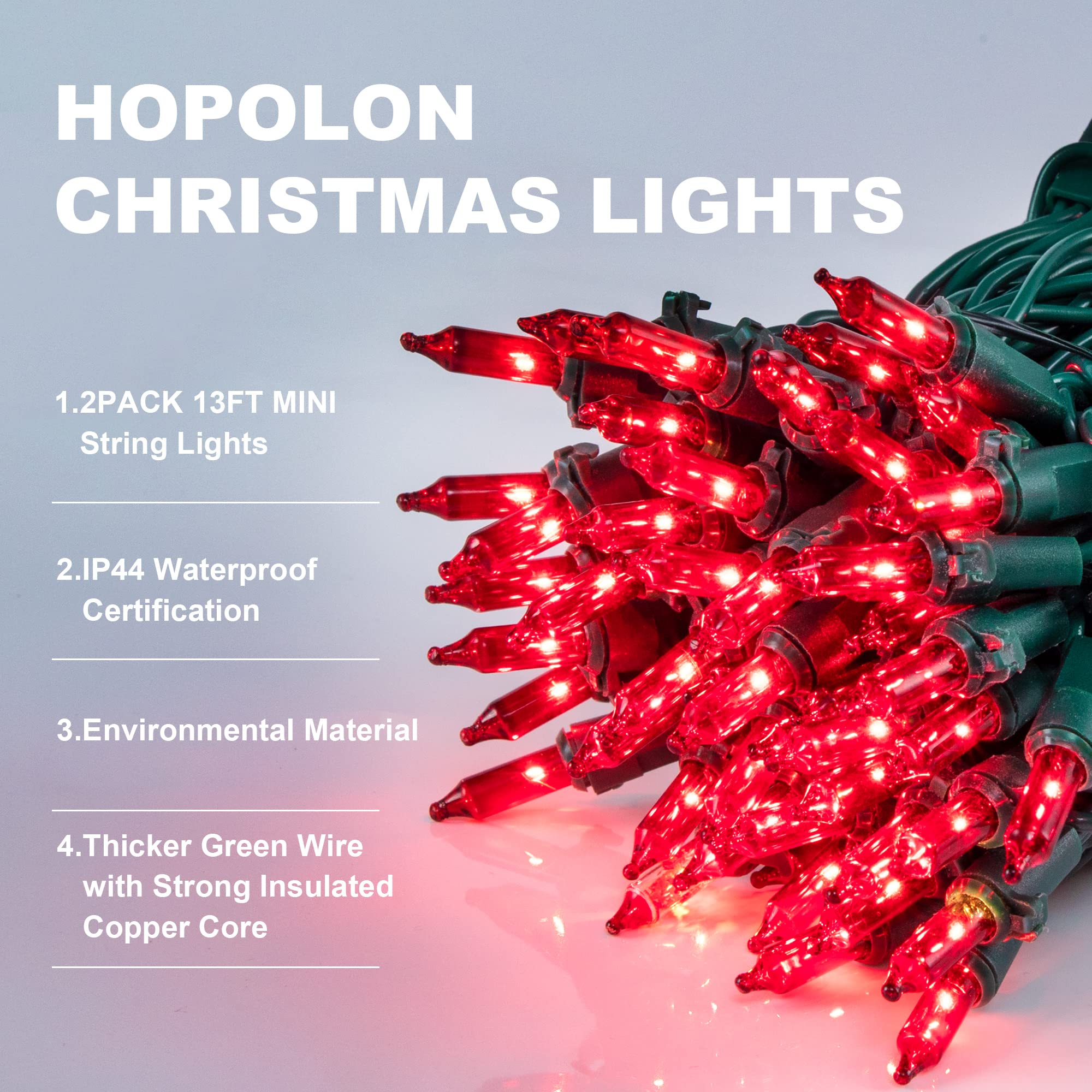 Hopolon 50 LED Red Christmas Lights, 2-Pack Green Wire, 13 Feet Long for Indoor/Outdoor Holiday Decor