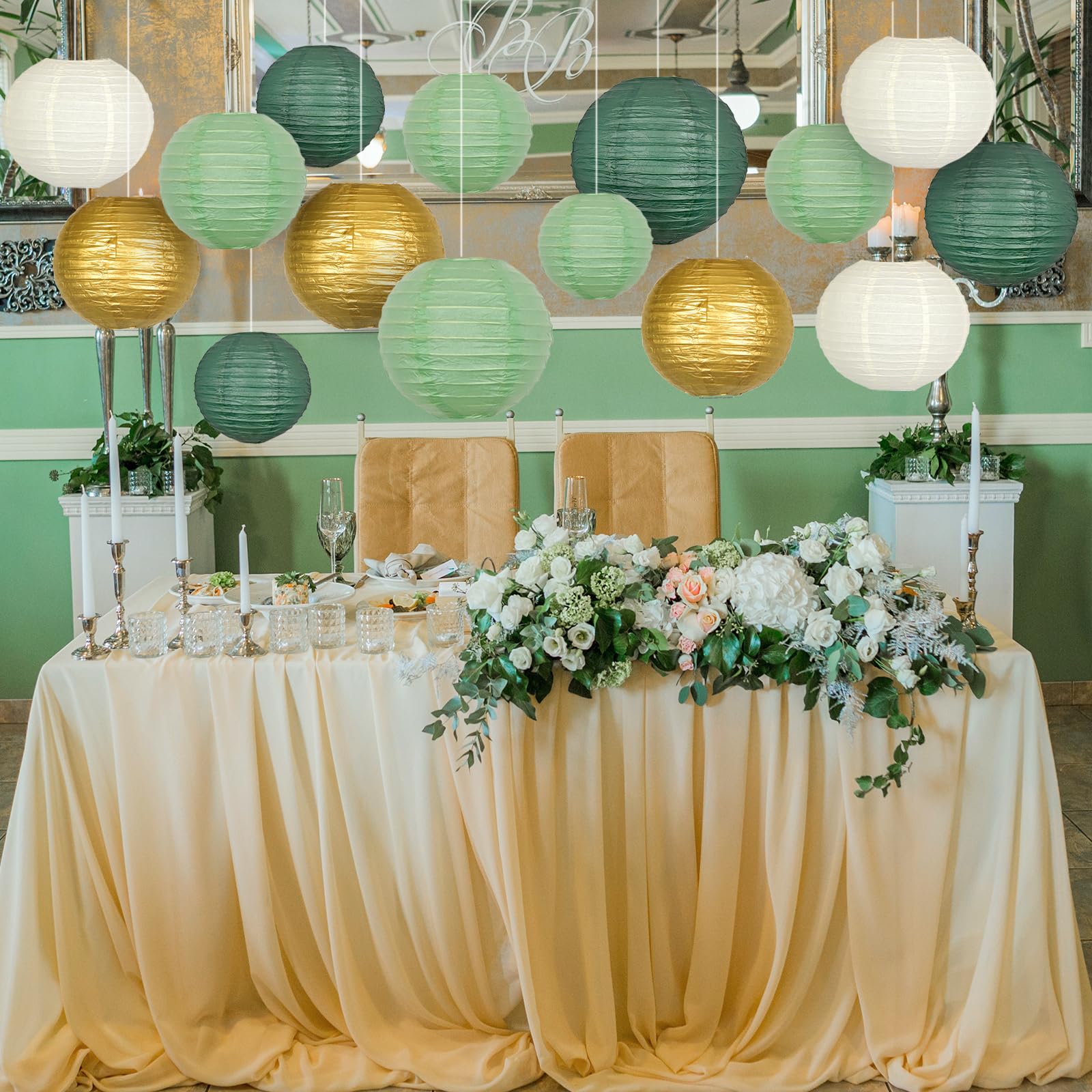 Adlkgg Sage Green Gold Paper Lanterns Decorative, Round Hanging Paper Lanterns For Graduation Wedding Bridal Shower Birthday Par