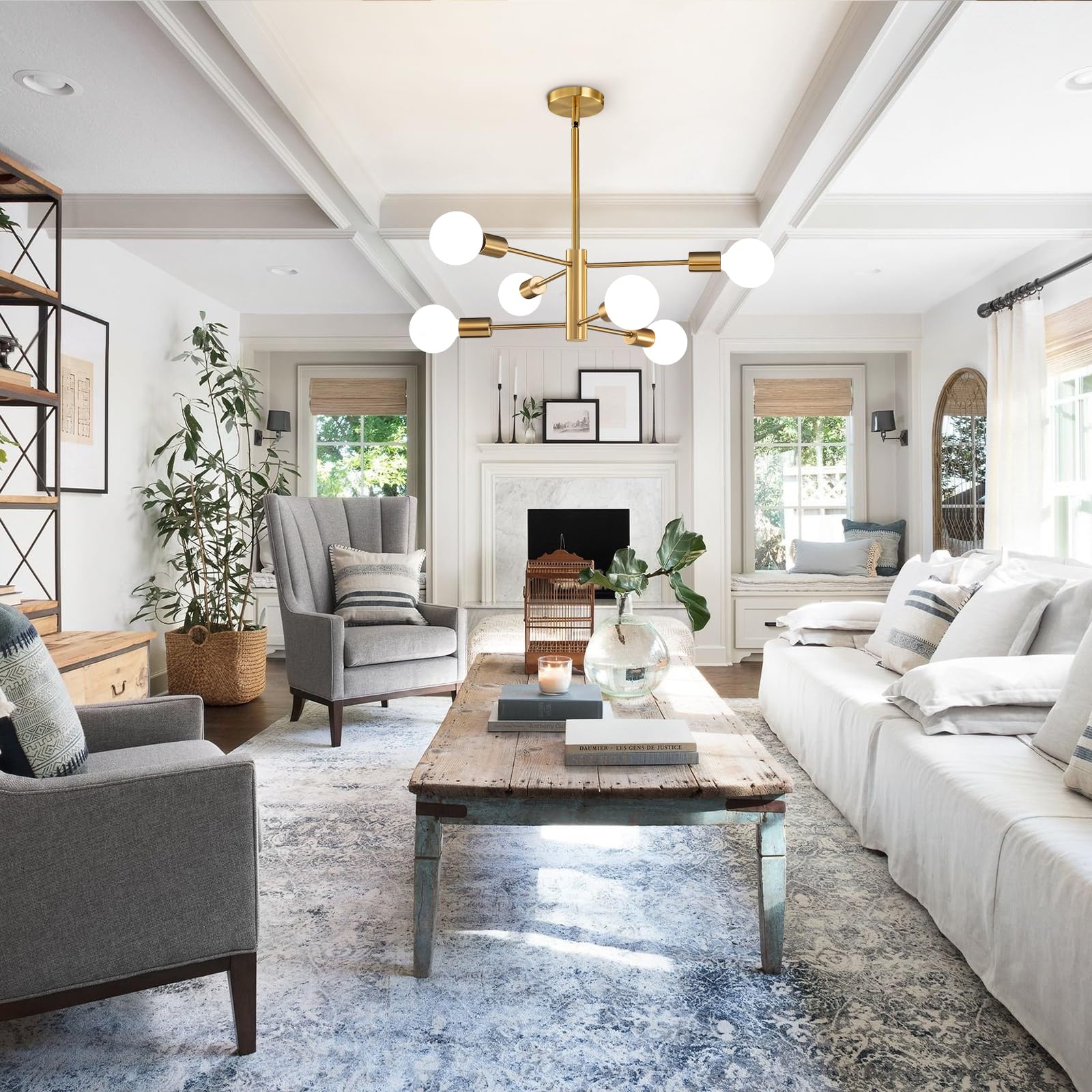 RUIYEY Modern Sputnik 6-Light Gold Chandelier, Adjustable Hanging Pendant Lighting for Dining Room and Entryway