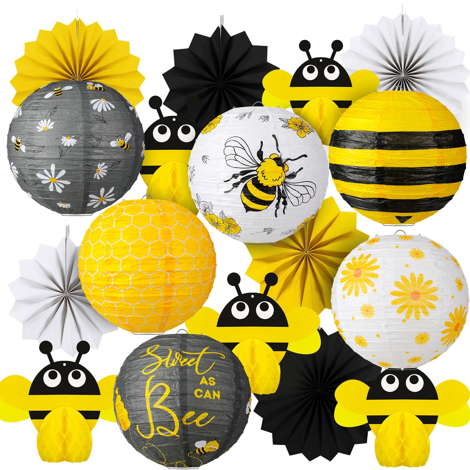 Retisee 18 Pcs Bee Party Decorations Kit Yellow Paper Lanterns Bee Honeycomb Ball Yellow White Paper Fans Decoration Bee Hanging