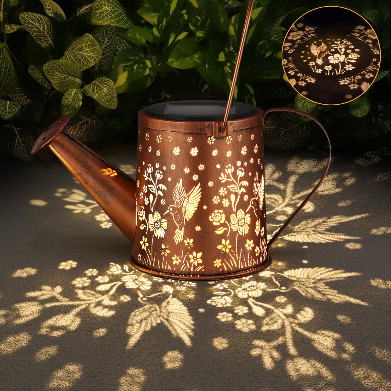 Outdoor Hanging Solar Lantern Waterproof Set Outside Metal Openwork Hummingbird Watering Can Landscape Lights For Garden Yard Patio Pathway Decor Birthday Gifts For Women Mom Grandma -With Floor Pole