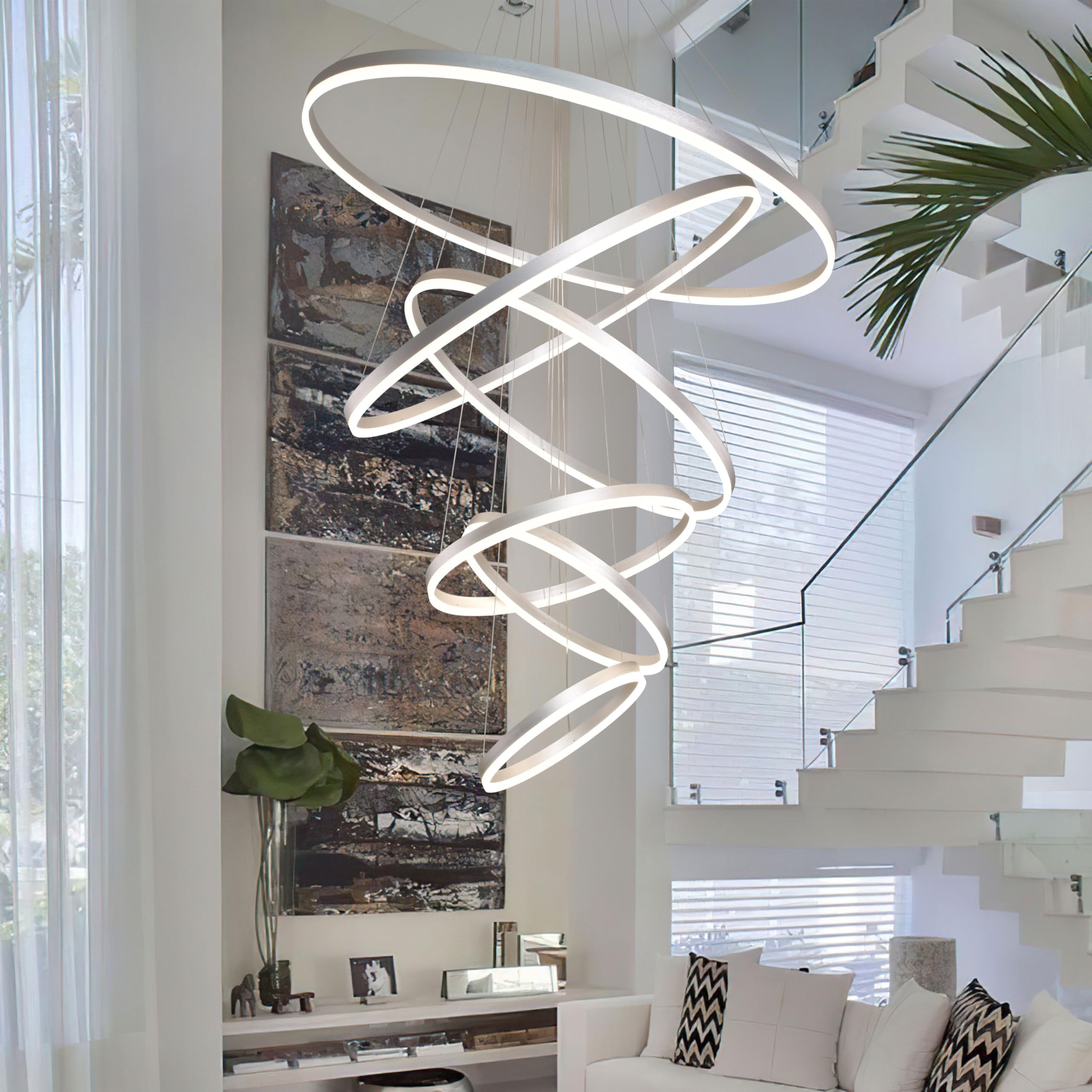 Mccokaige 6 Rings Pendant Lights 47.2'' Modern Height Adjustable Chandeliers Sliver Led Chandelier Dimmable Sliver Chandelier Le