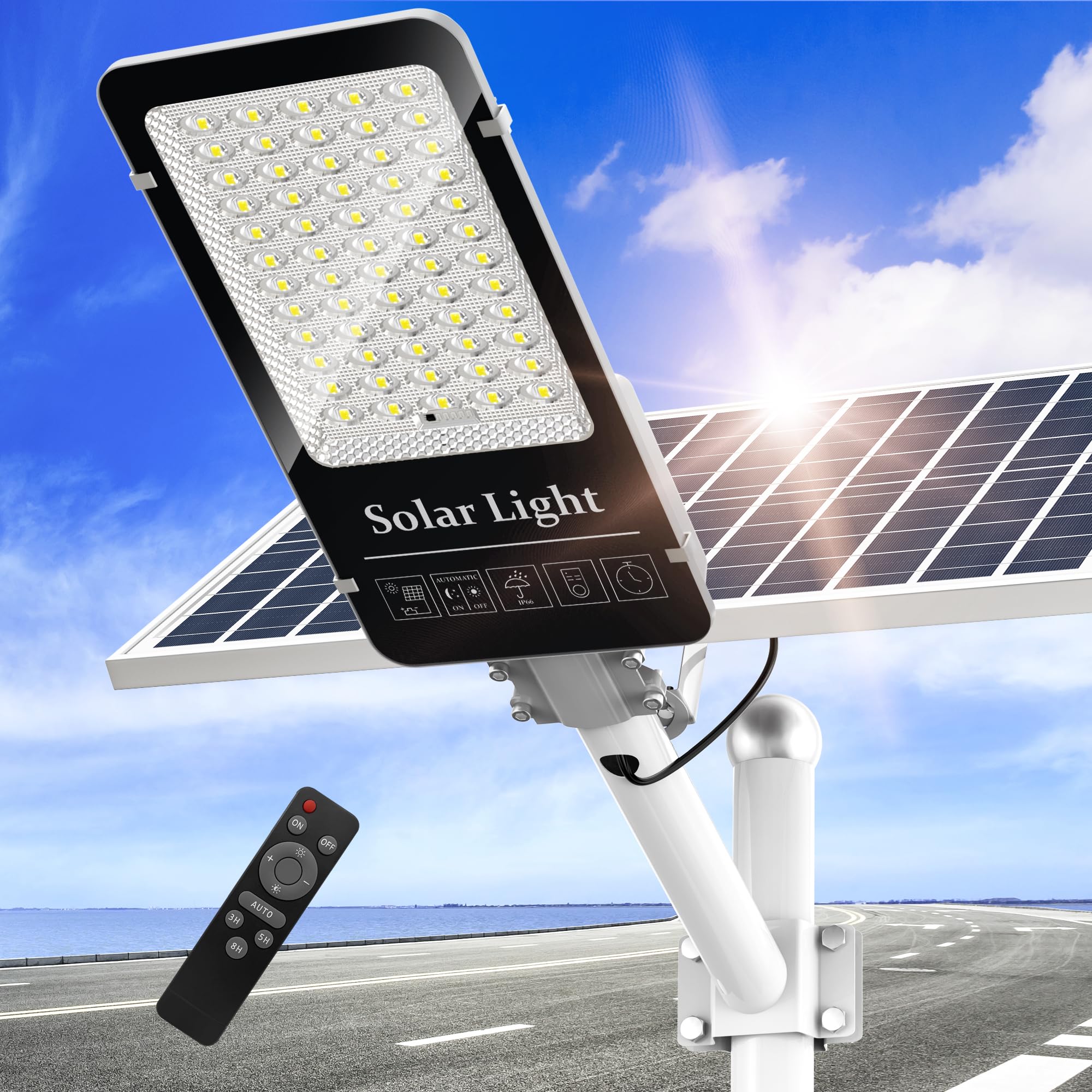 Okpro 8000W Solar Street Lights Outdoor - Super Bright Led Beads Solar Lights Outdoor Waterproof Ip66, Heavy Duty Parking Lot Li