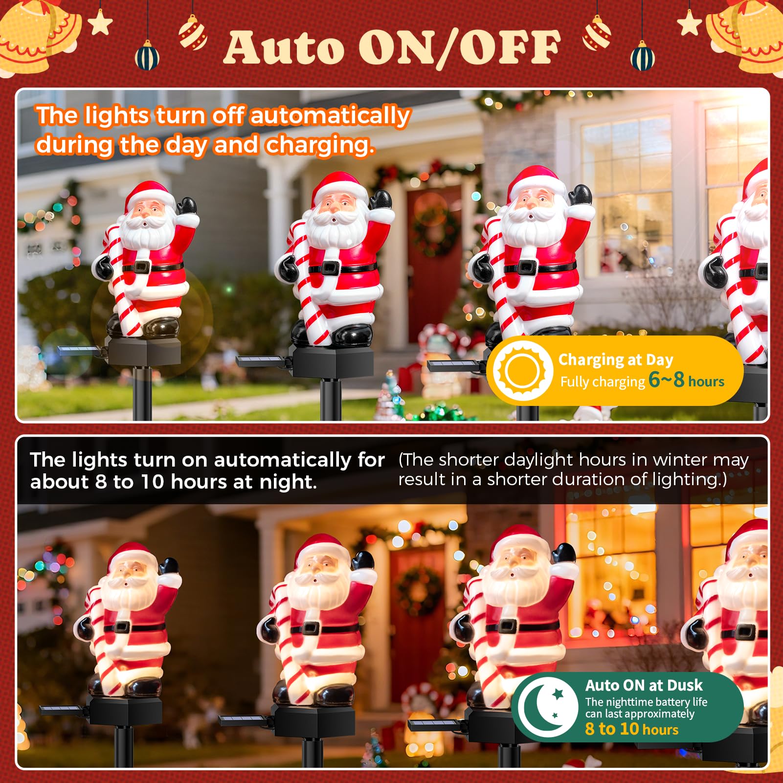 TopVelo Christmas Solar Garden Light - 4 Packs, 17.7in Waterproof, Auto ON/OFF, Red and White, Model Sante2025