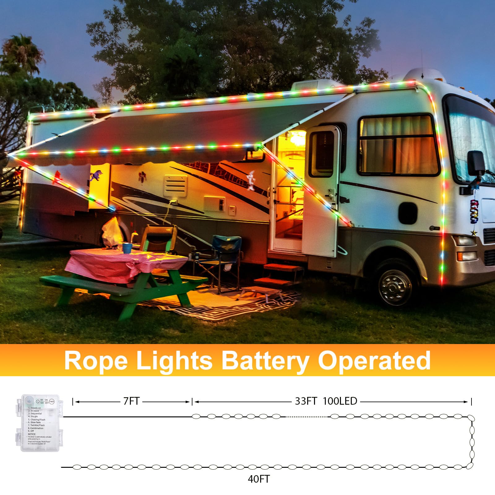 Minetom String Lights Battery Operated, 33Ft 100 Led Outdoor Rope Lights Battery Operated, Christmas String Lights With Timer, 8 Mode, Christmas Rope Lights For Outside Bedroom Indoor, Multicolor