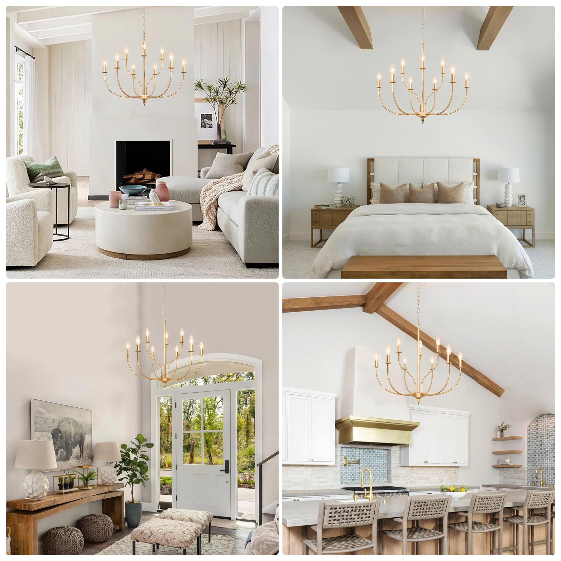 Rviezza Gold Chandelier, 9-Light Gold Farmhouse Chandelier, 2-Tier Candle Modern Farmhouse Chandeliers For Dining Room Living Ro