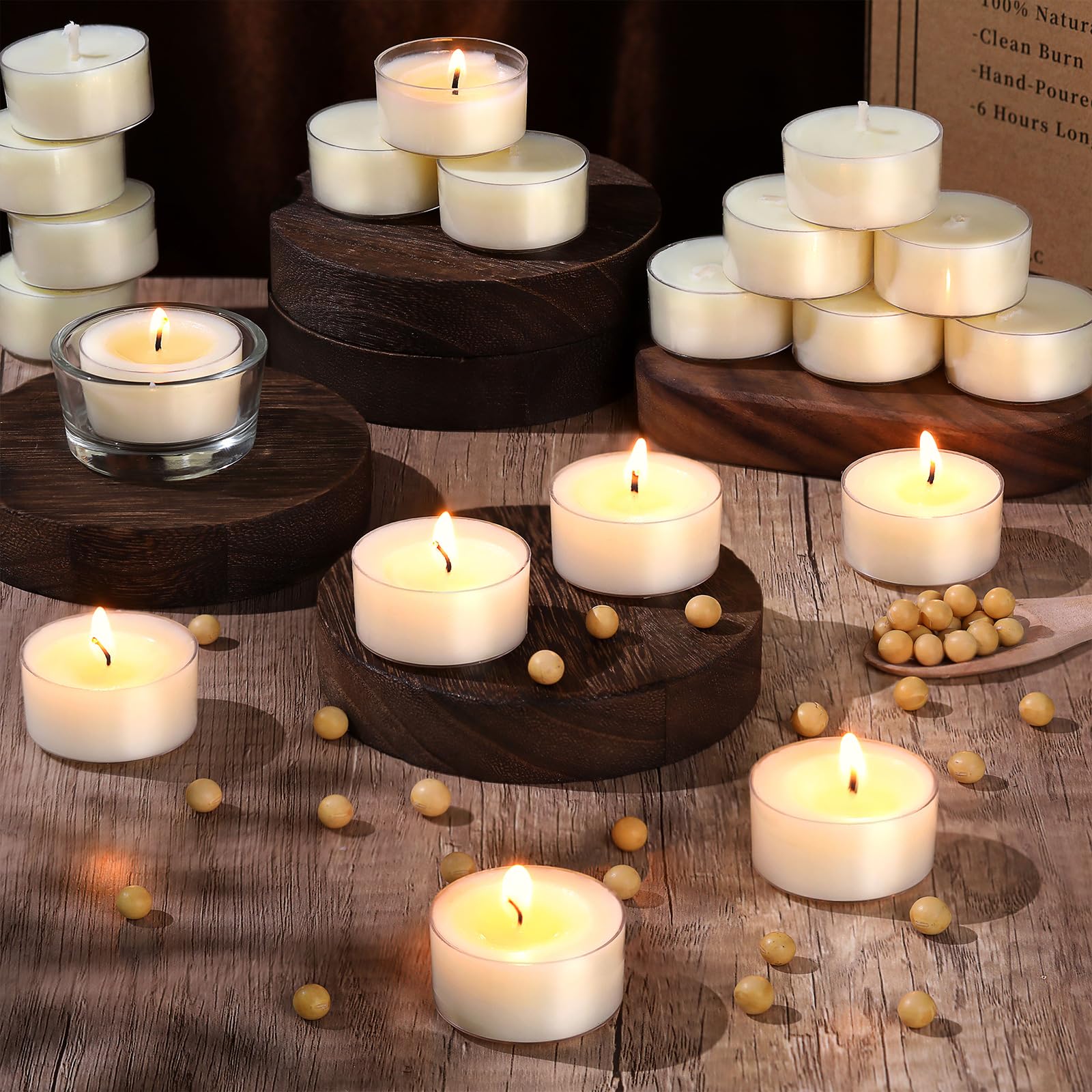 Simeitol Soy Wax Tealight Candles, 50 Pcs White Unscented, 6 Hour Burn Time, Smokeless Votive Tea Lights for Weddings and Home