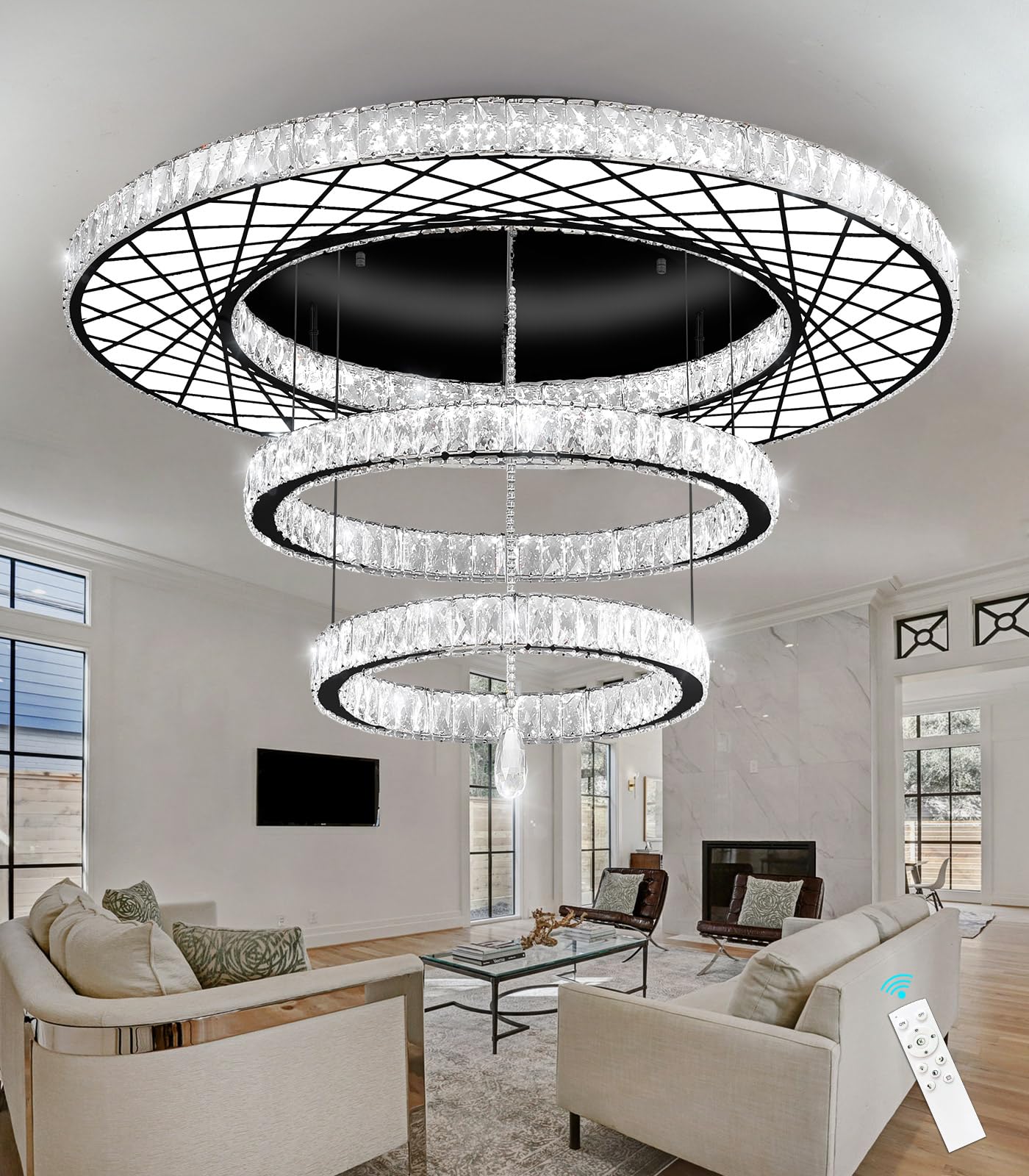 HAIXIANG Glam Chandelier 48 inch Black Crystal Ceiling Light with Remote Dimmable LED for Living Room - Model MMQ3831
