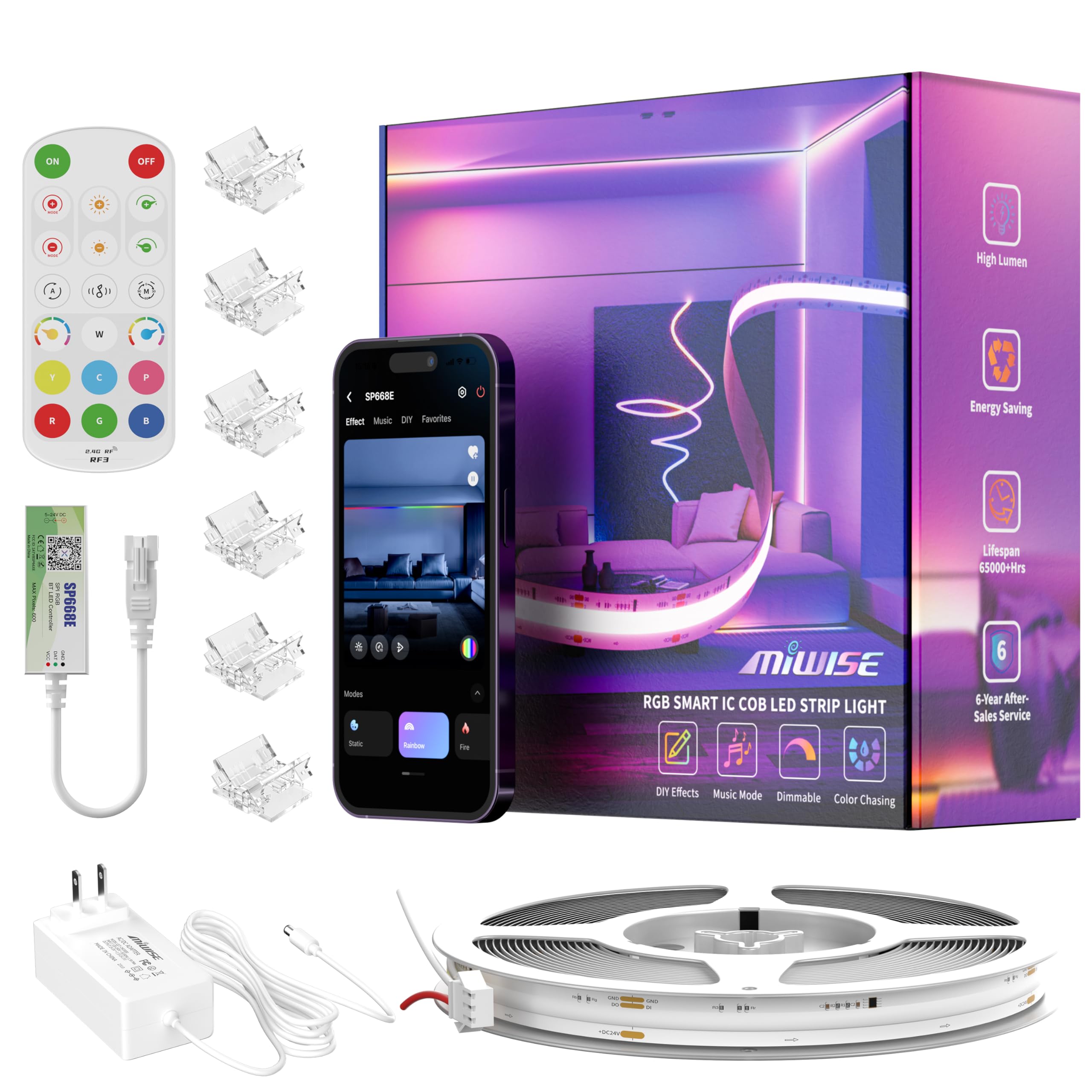 MIWISE LED Band Lights RGB Smart IC COB LED Band Light Color Chasing 24ft Multicolor Flexible LED Tape Light Music Sync with APP Control Addressable DIY 16M Colors for Cabinet Bedroom Party Decor