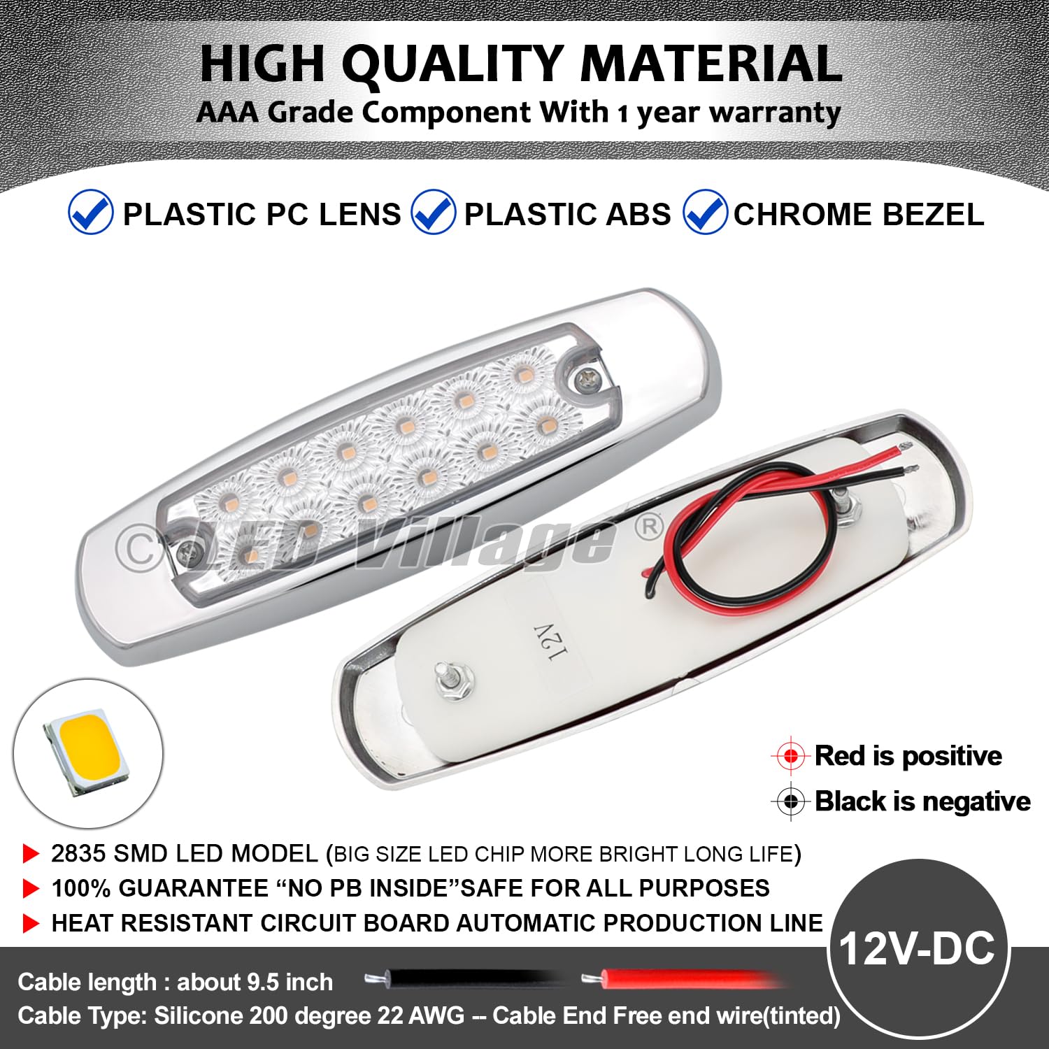 Ledvillage 30 Pcs 12V Dc 6.4 Inch Clear Lens 10 Amber + 10 Red + 10 White 12 Led Clearance Lamps W/Chrome Sealed Flush Mount Sid