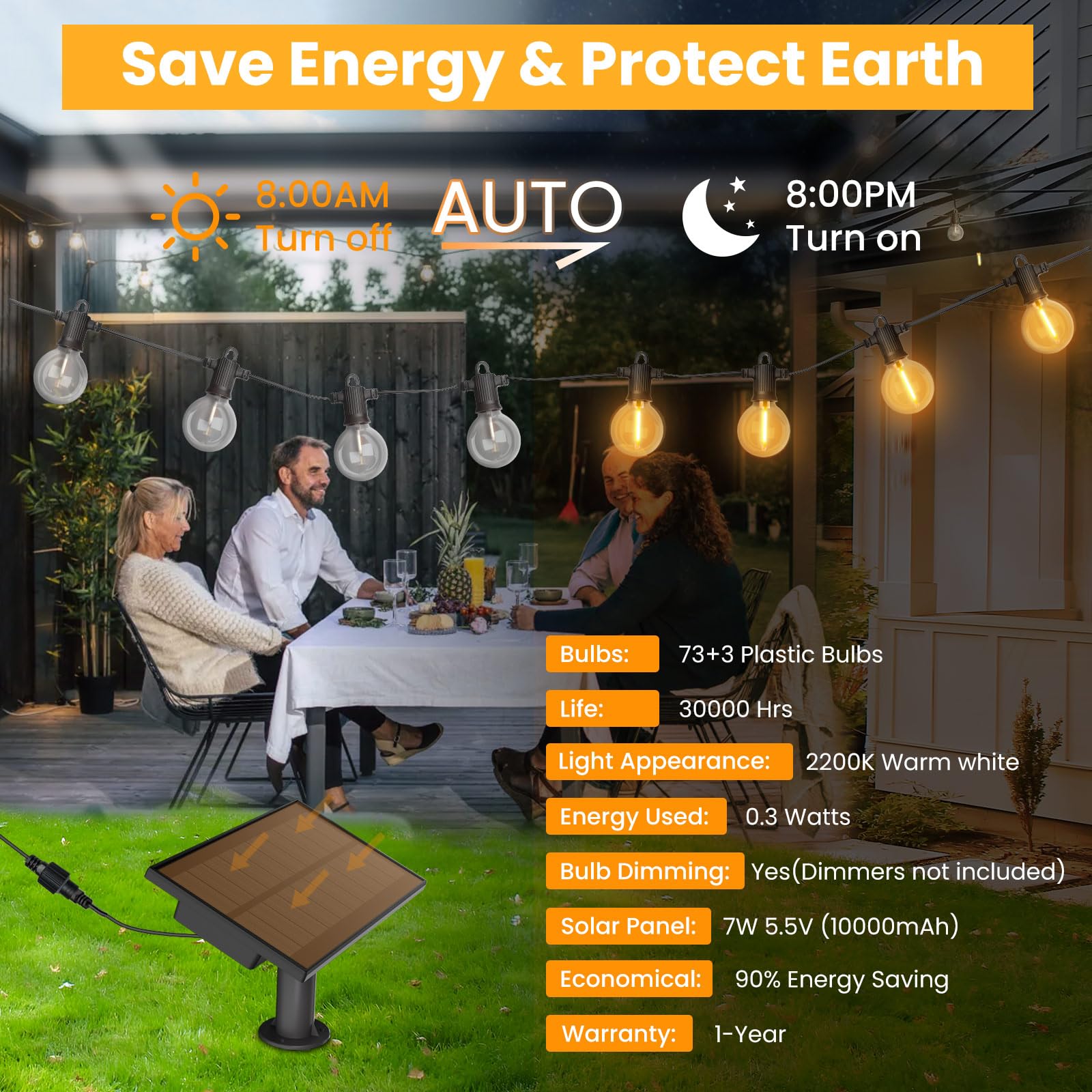 Zotoyi Solar String Lights Outdoor Waterproof Ip65 150Ft With Usb Port And 73+3 Shatterproof G40 Bulbs, Up To 8-12 Hours For Usi