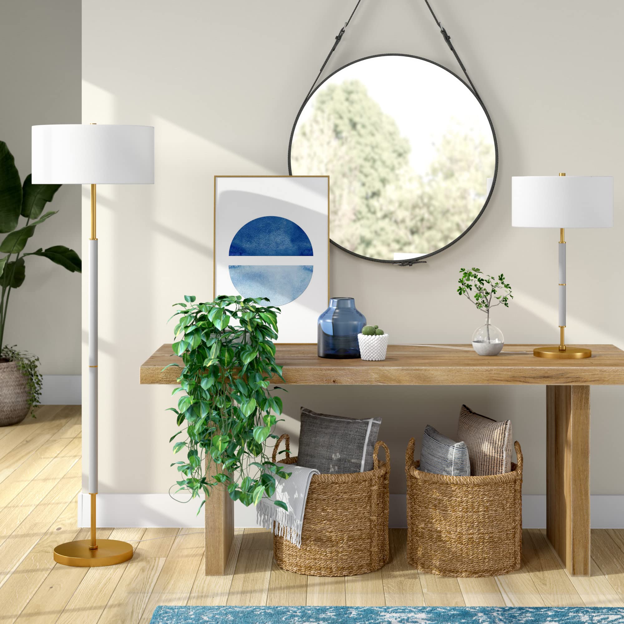 Henn&Hart 25&quot; Tall Gray/Brass 2-Light Table Lamp With Fabric Shade For Home Or Office