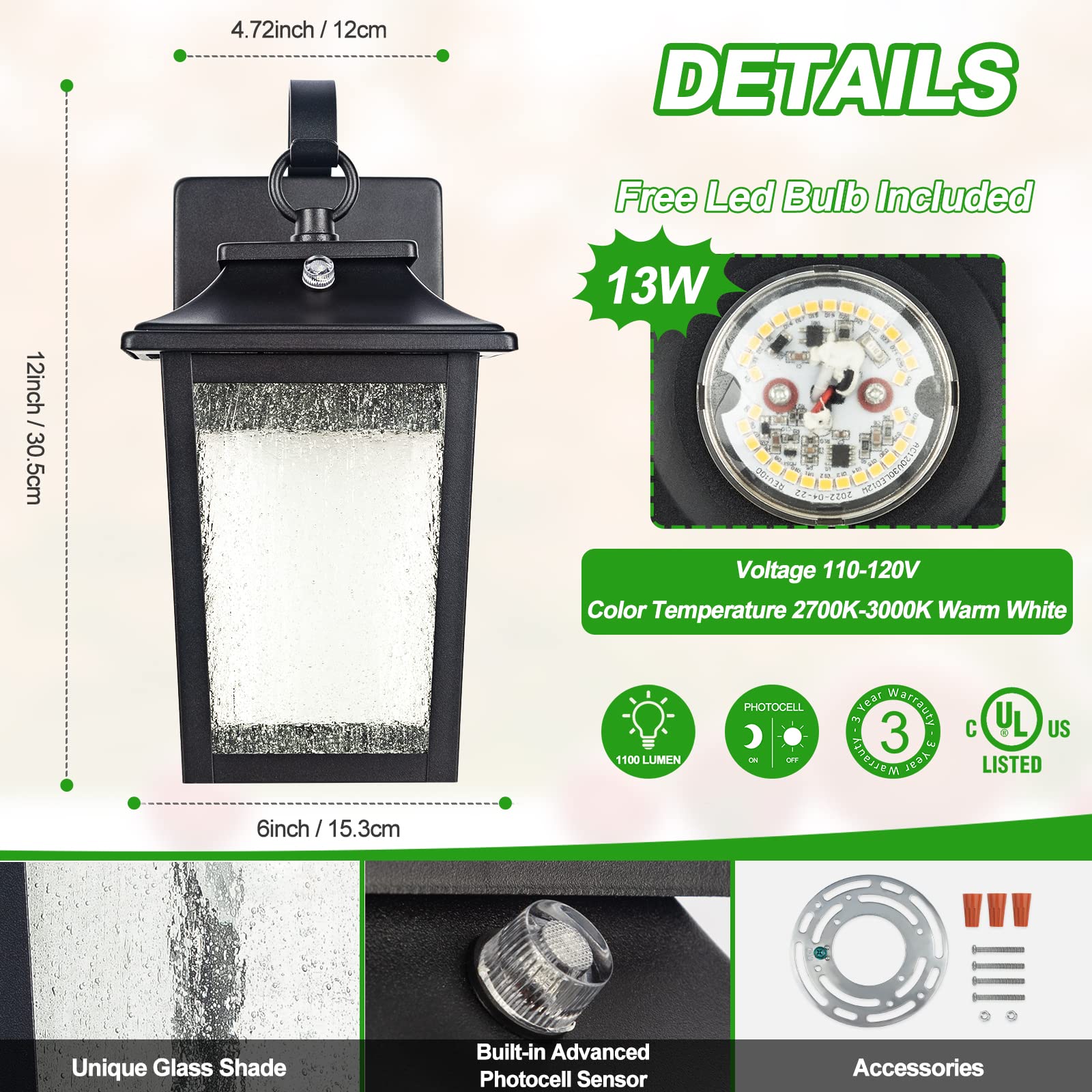 Led Dusk To Dawn Outdoor Lighting - 2 Packs Outdoor Wall Lights For House, 13W 3000K Led Outside Porch Lantern, Black Exterior W