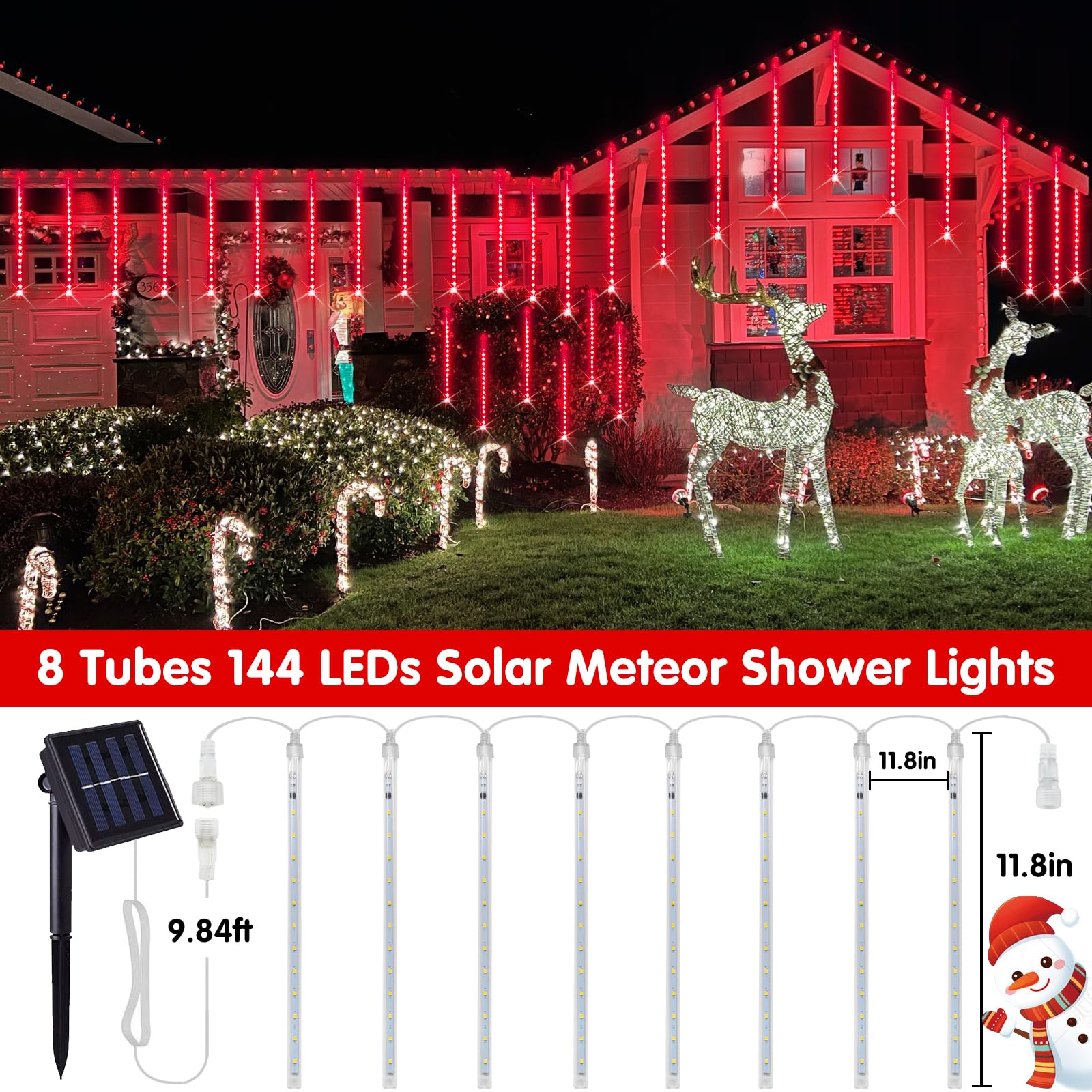 Jmexsuss Red Solar Meteor Shower Rain Lights, 8 Tube 144 Leds Solar Christmas Lights, Led String Lights For Xmas Halloween Tree