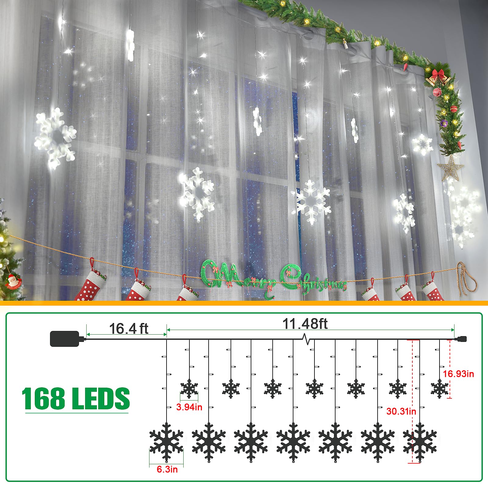Jofios Christmas Snowflake Lights, 11.48Ft Outdoor Led Snowflake Icicle Christmas Lights With 14 Drops, Waterproof Snowflake Lig