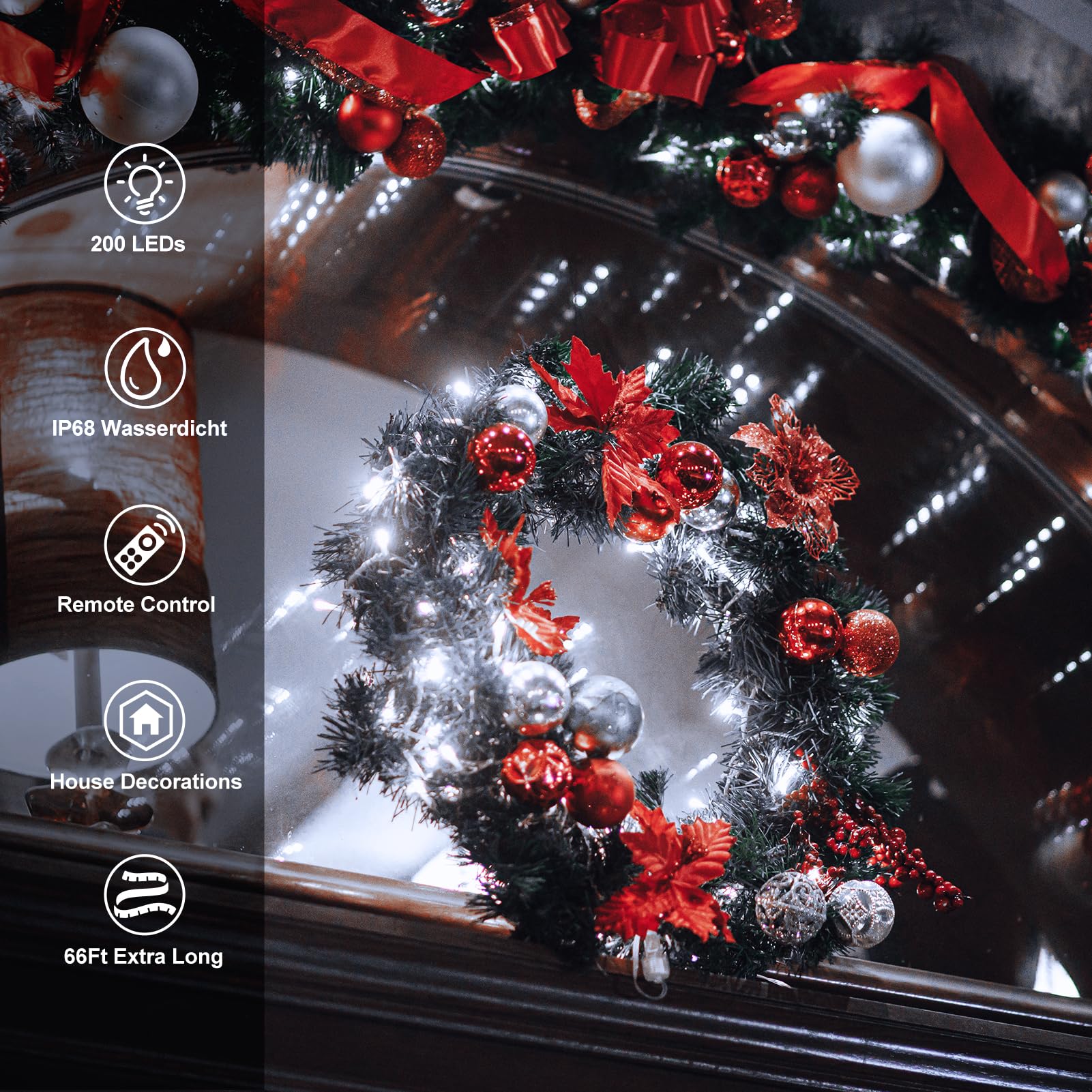 Echosari 200 Led 66Ft Battery Powered Christmas Lights, String Lights With Remote Timer, Outdoor Fairy String Lights Waterproof For Home Garden Party Christmas Trees Decoration (Cool White)