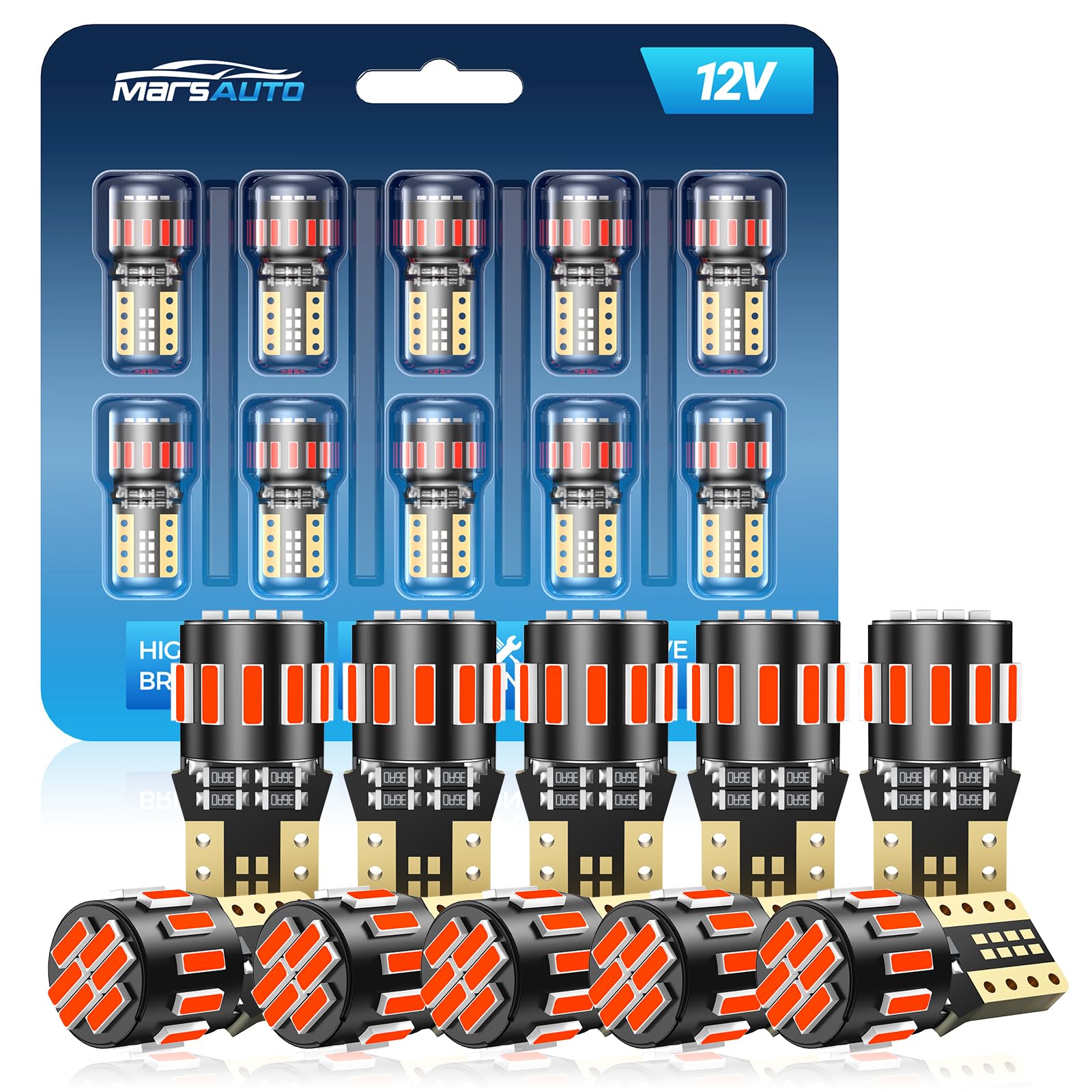 Marsauto 194 LED Bulb Red - Super Bright Dome Map Light Replacement, Pack of 10, T10 Wedge, 168 2825 W5W
