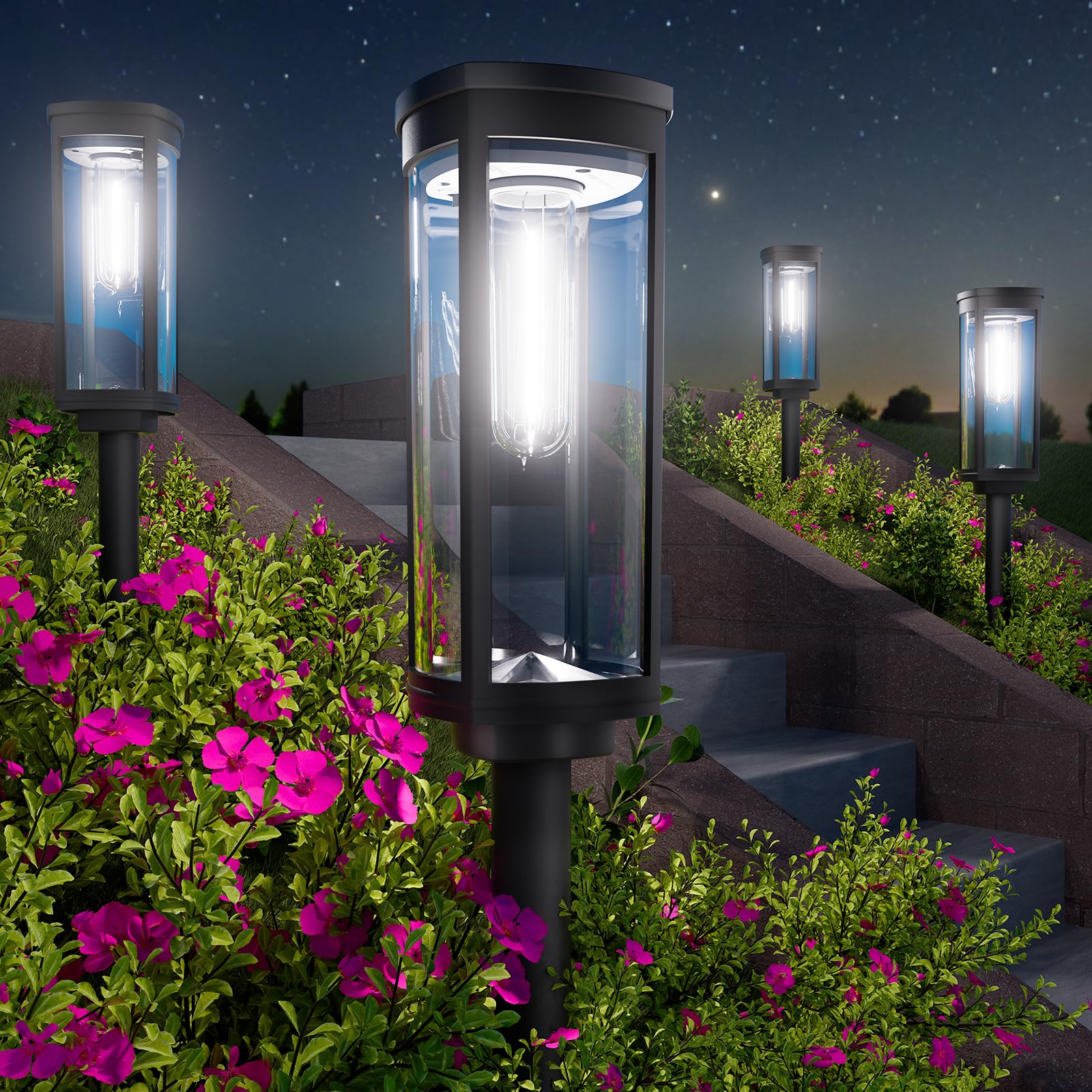 BITPOTT Solar Pathway Lights - 4 Pack, Waterproof IP65, Cool White, Plastic, Model PW-T-006 for Yard Garden Walkway Landscape
