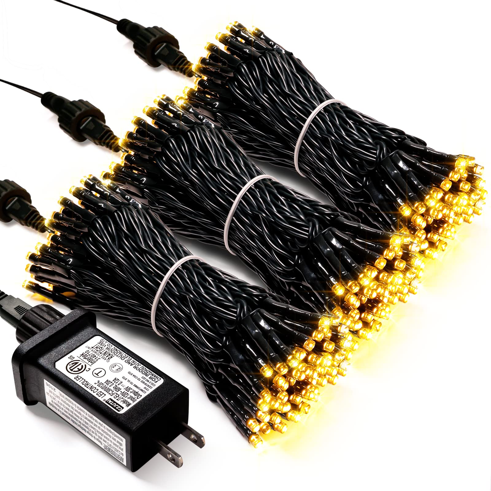 JMEXSUSS 300 LED Warm White Christmas Lights, Waterproof, 8 Modes, Green Wire, Model EXS-S-0300