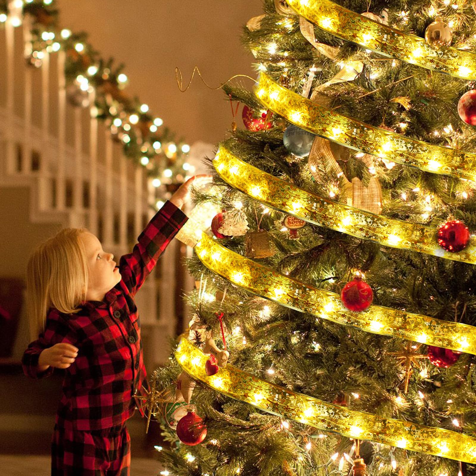 Dailyart Christmas Tree Ribbon Lights 200 LED 78Ft Gold Dacron with Remote & Timer