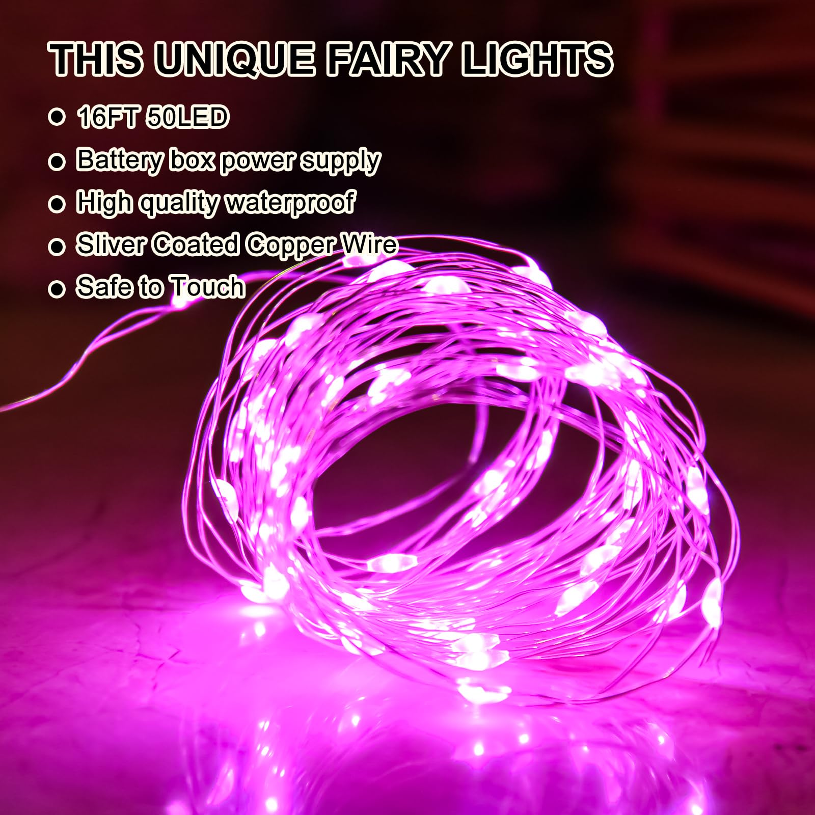 SINAMER Pink Fairy Lights Battery Operated (Included), 8 Modes & Auto Timer, 4 Packs 5m 50Led Mini Twinkle Silver Wire Firefly S